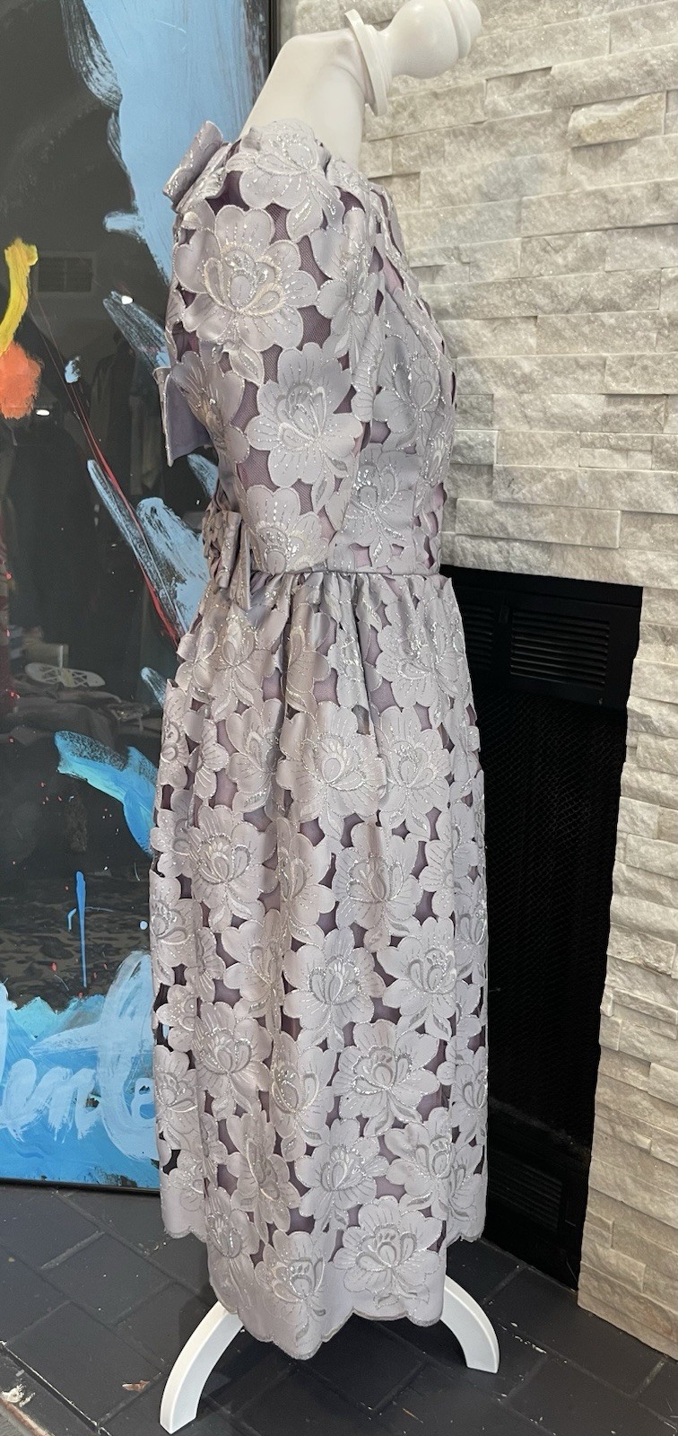 80s Handmade Floral Tea Cottagecore Dress Back Bows Full Skirt Metallic Vintage