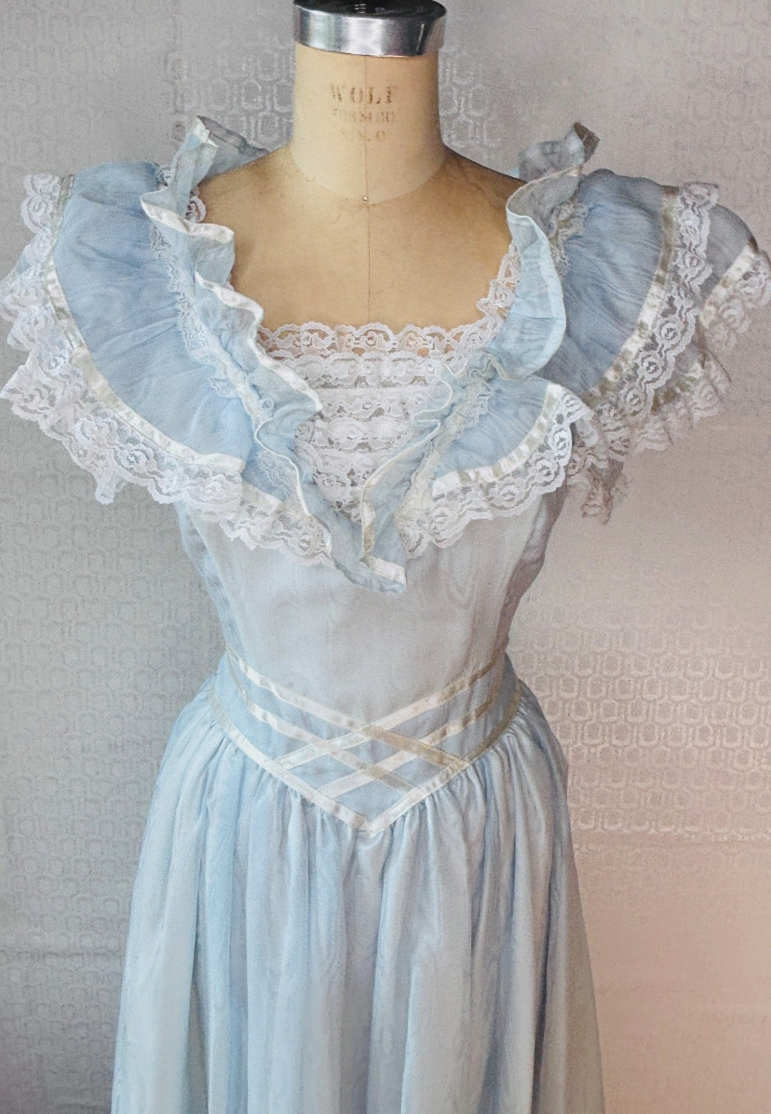 VTG 70s-80s GUNNE SAX BLUE PROM RUFFLED LACE PRAIRIE VICTORIAN MAXI DRESS*9 S/M