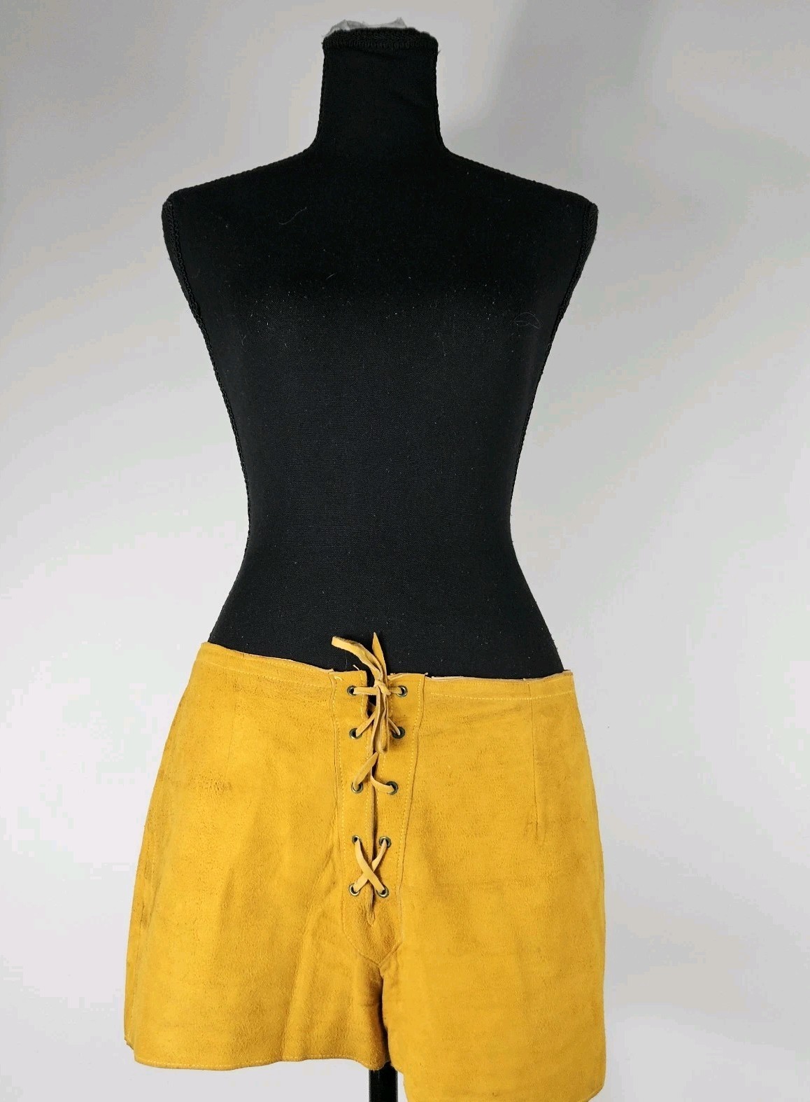 Vintage 60s 70s Suede Lace Up Mustard Yellow Women’s Booty Short Shorts Boho Y2K