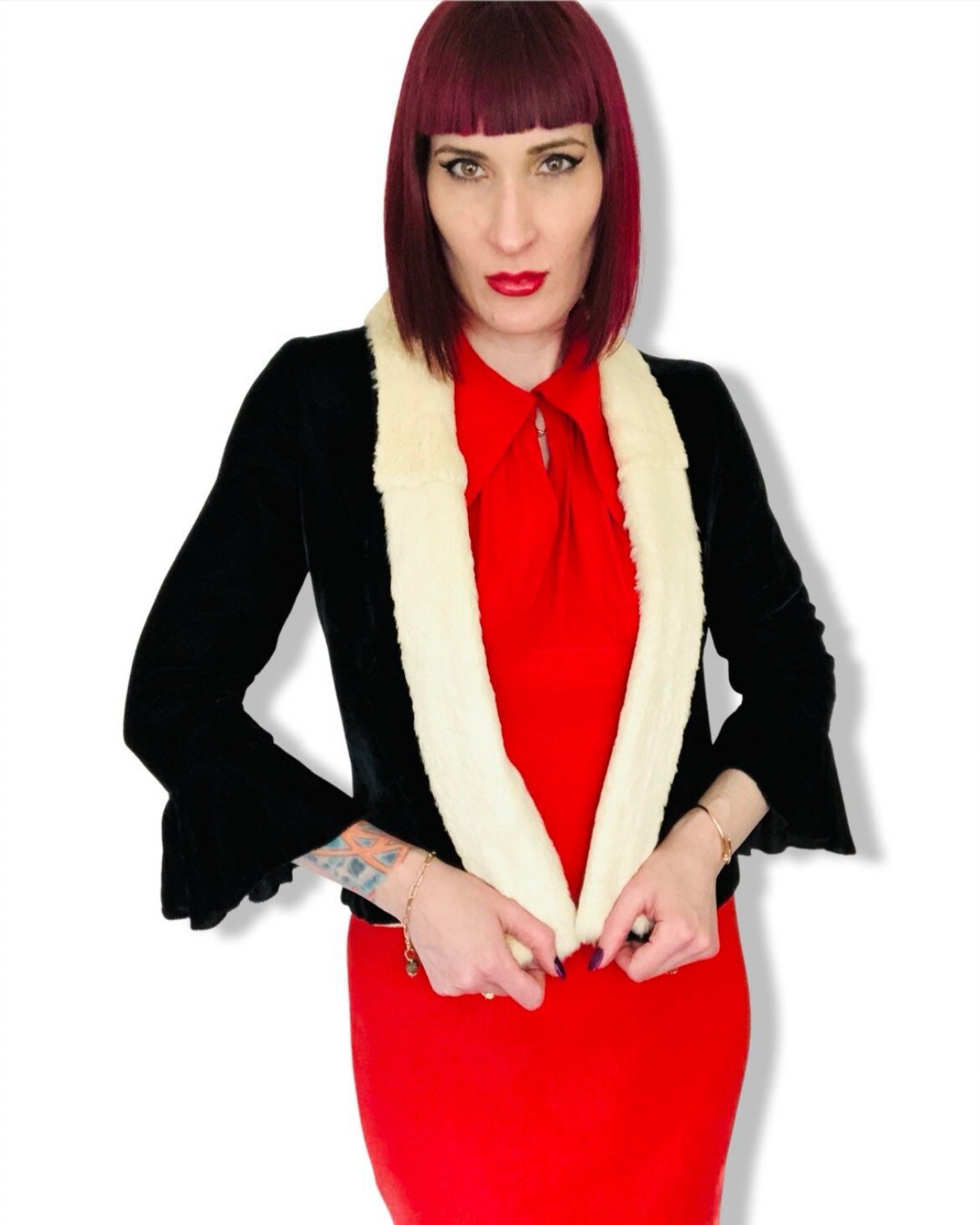 Antique Vintage 1920s Black Silk Velvet Trumpet Sleeve Jacket White Ermine Fur