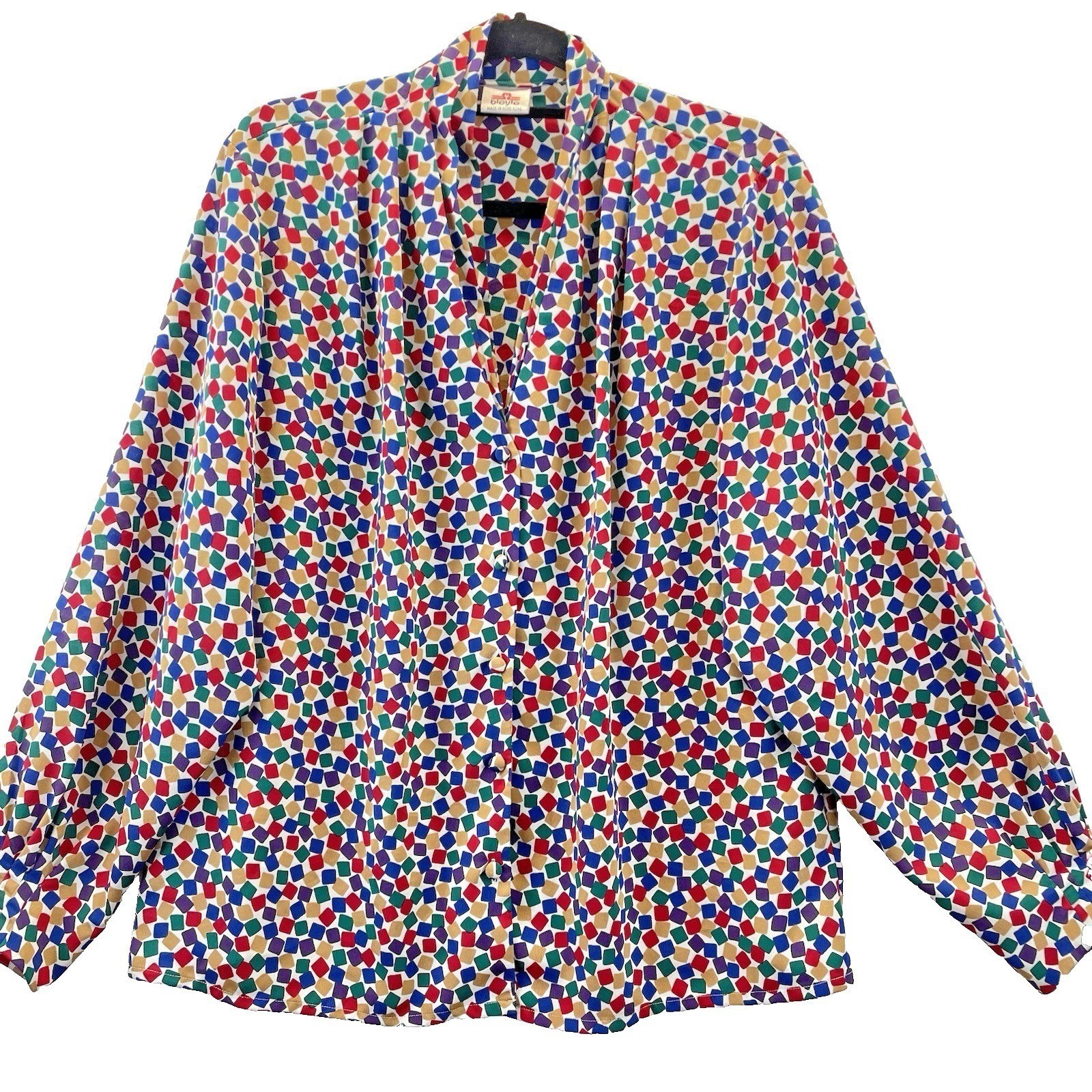 Bleyle Geometric Square Print Blouse Women 16 Multicolor Excellent Vintage 80s