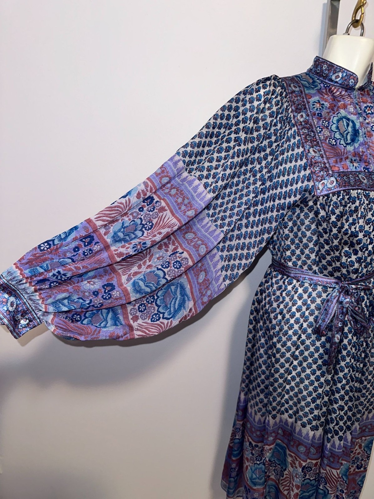 Vintage 70s Ritu Kumar Judith Ann Silk Block Blue Kaftan Dress XS Balloon Sleeve