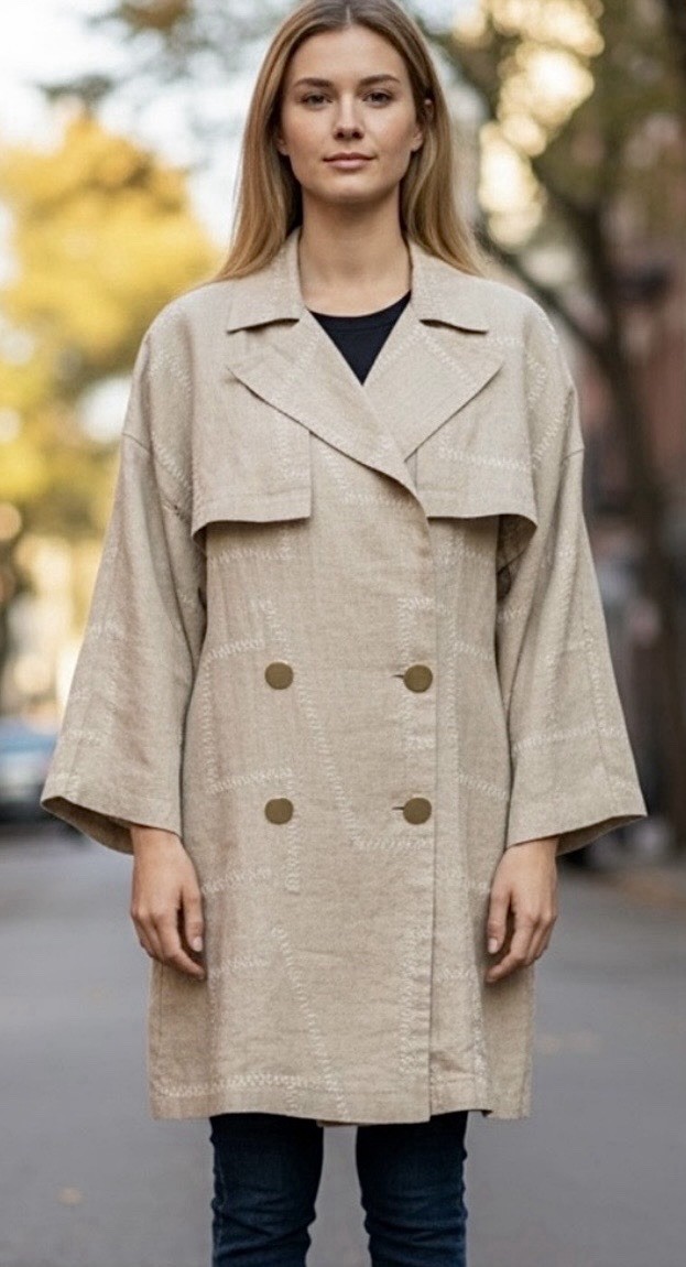Patrick Kelly Paris Authentic 80s Double Breasted 100% Linen Trench Jacket Sz 38