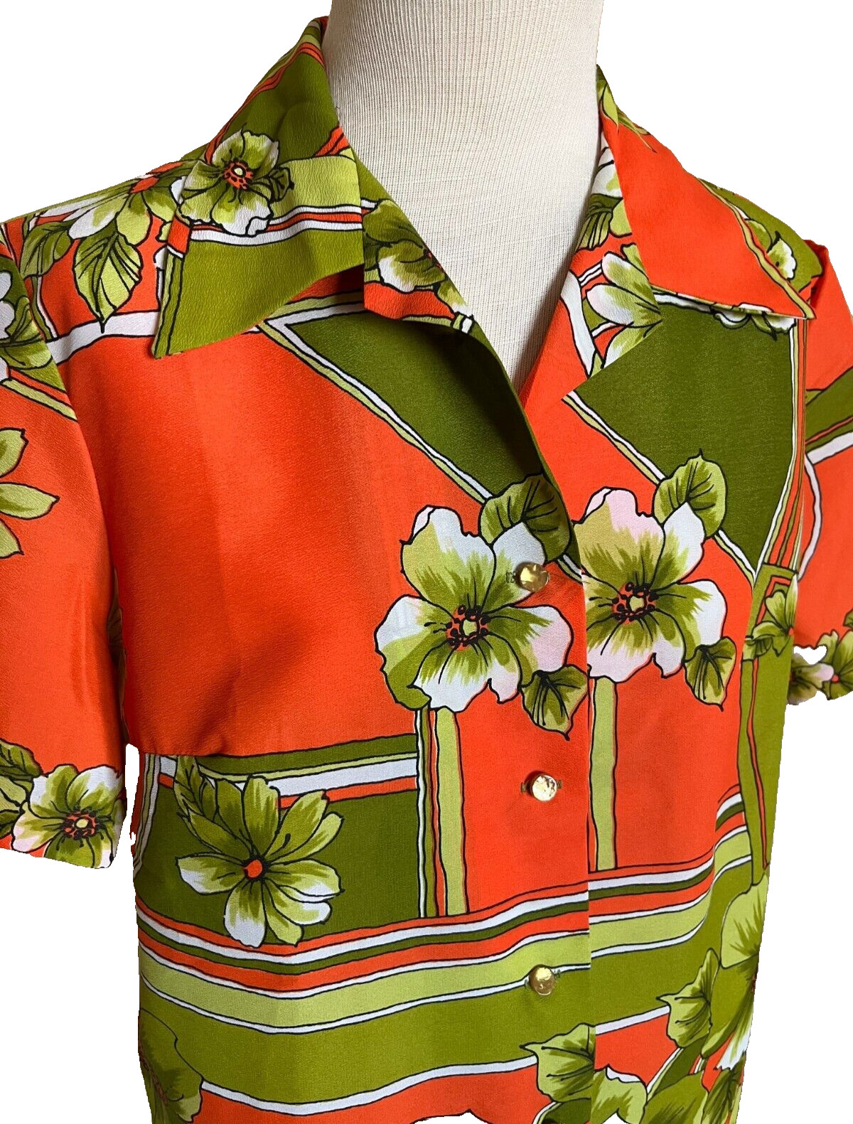 Vintage 1970s Womens Hawaiian Shirt Blouse Top Large Orange Green Floral Retro