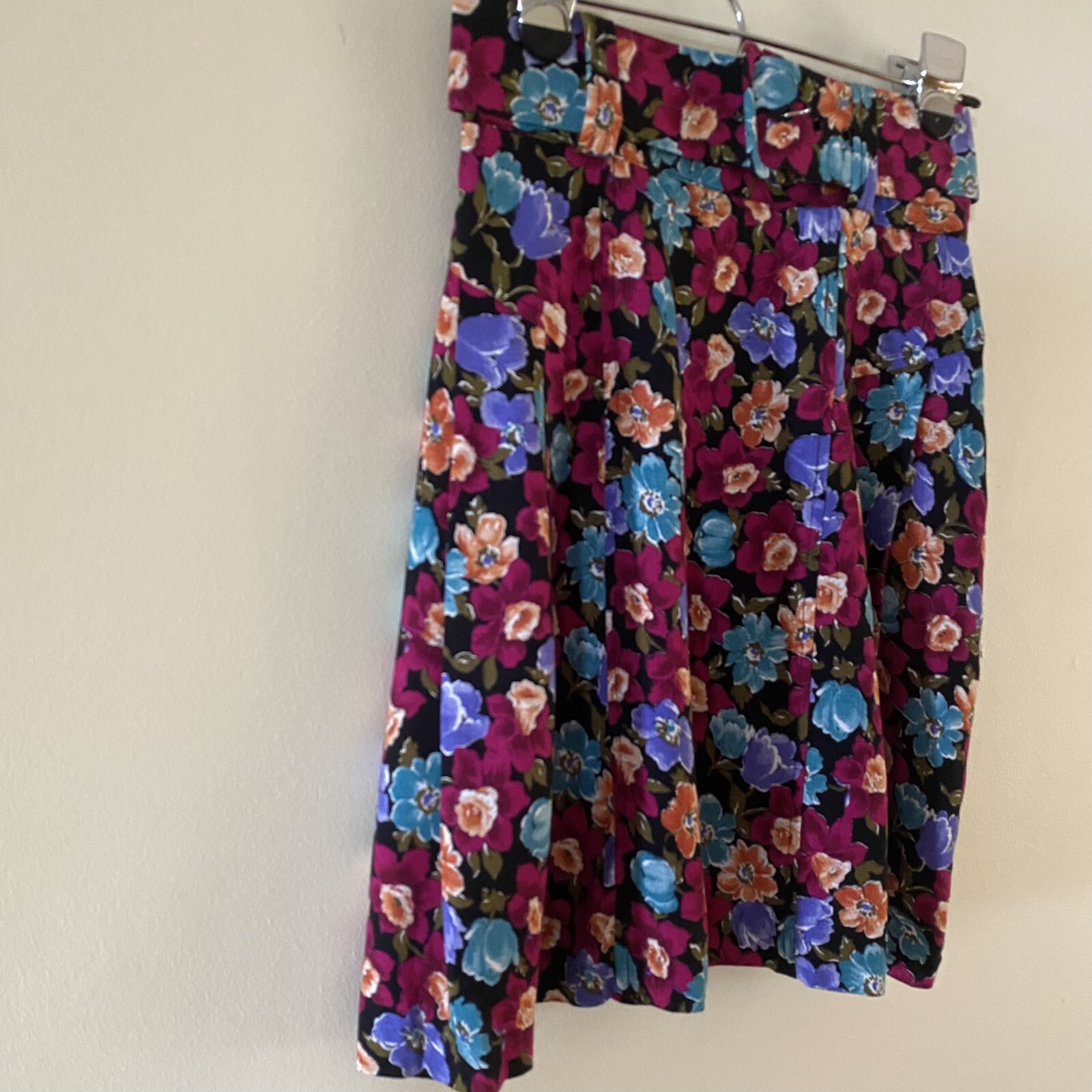 Vintage Floral My Michelle Women Skirt Size 3 Purple Blue Yellow Pleated w/ Belt
