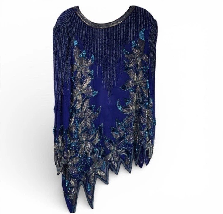 Vintage Black Tie Womens 16 Blue Beaded Sequin Silk Asymmetrical Hem Evening
