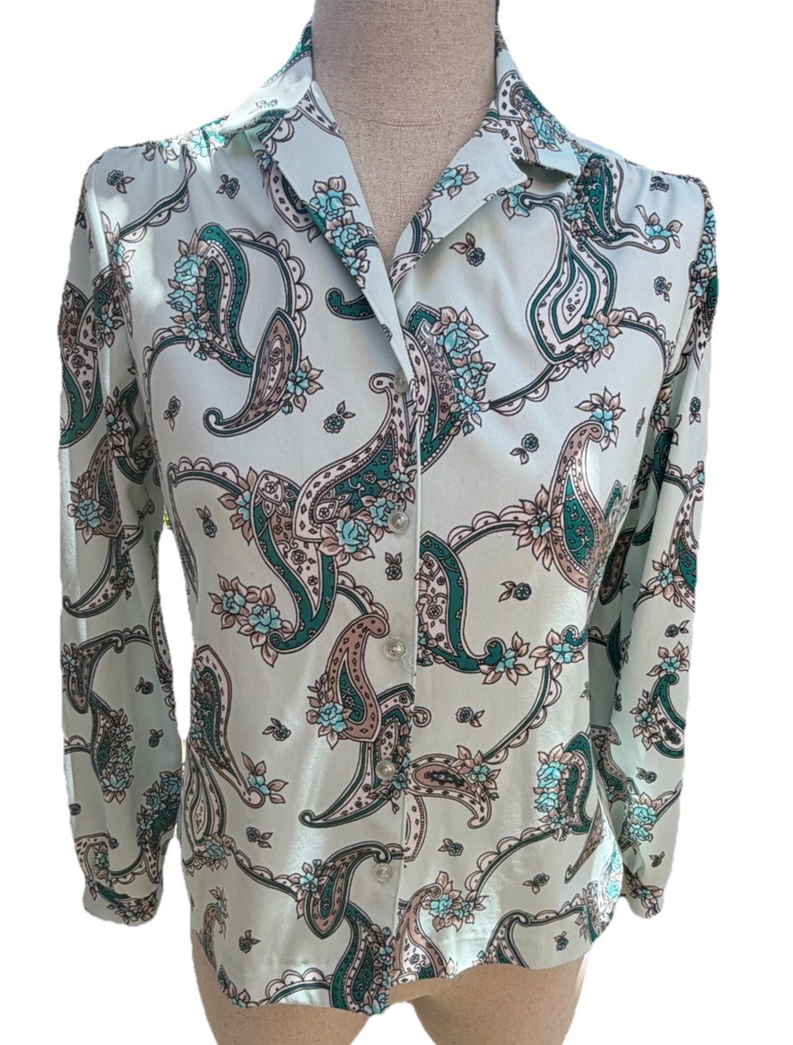 VTG 70’s Women’s Graff Seafoam Green Paisley LS Collar Button Front Blouse SZ 10