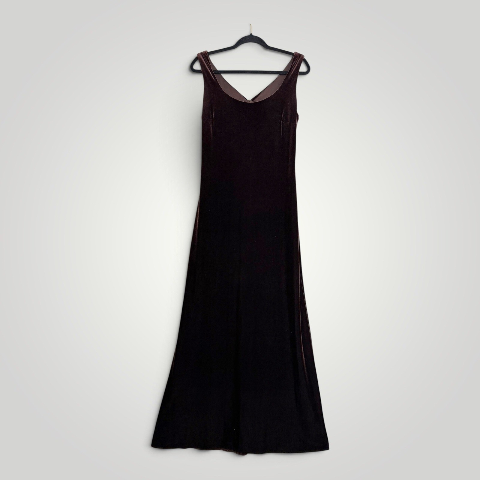 Vintage Niki by Niki Livas Brown Velvet Twist Back Maxi Dress Gown USA 10