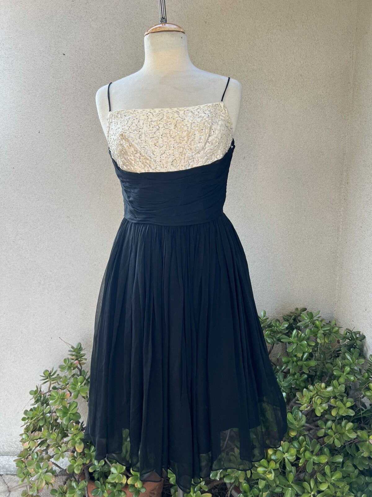 Vtg 60s Cocktail Dress Black Chiffon Beaded Satin Sz XS Jay Herbert CA