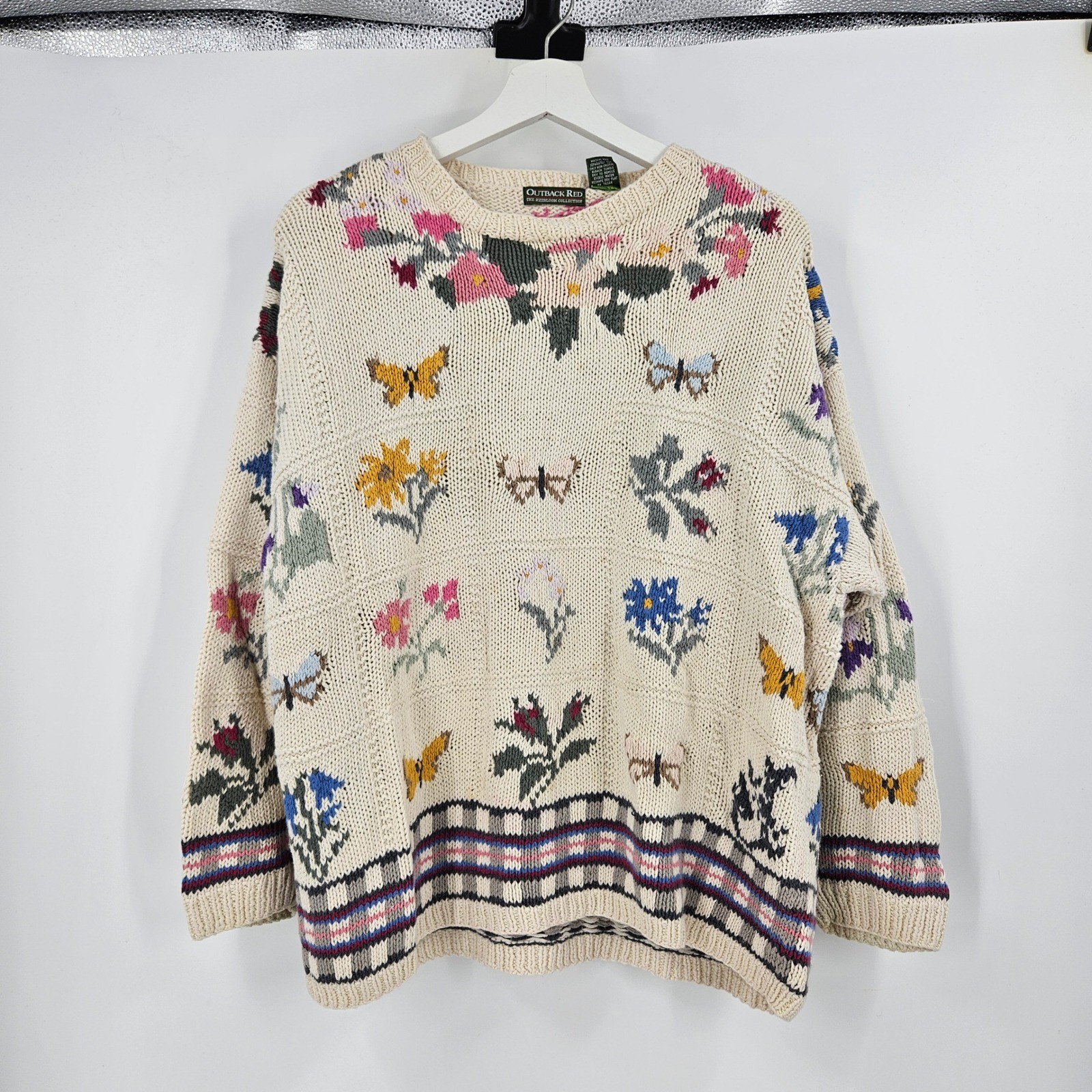 Vintage y2k Outback Red Grandma Sweater Cream Butterfly Floral Knit Pullover M