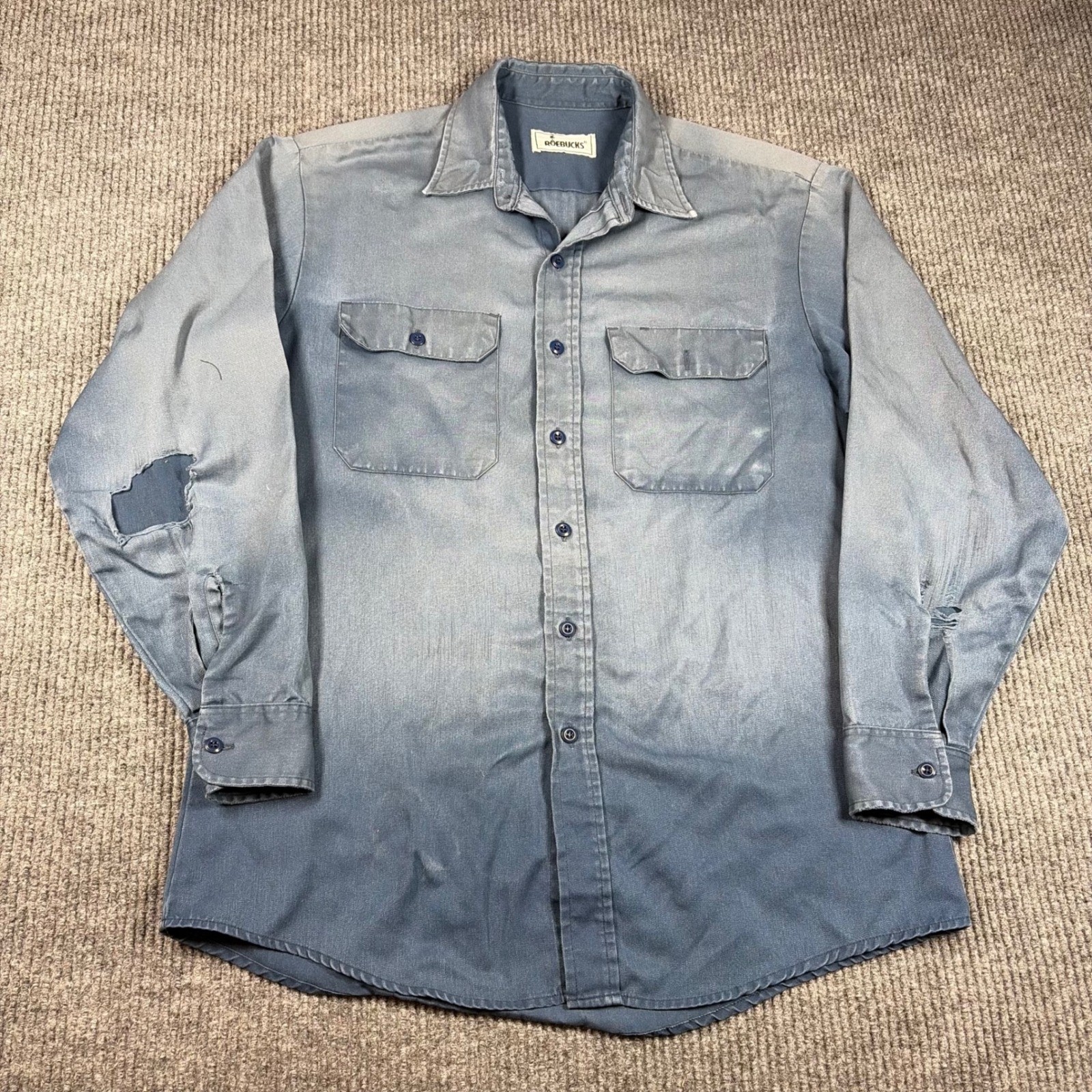 Vintage Roebucks Shirt Womens M Blue Work Faded Distressed Long Sleeve Button