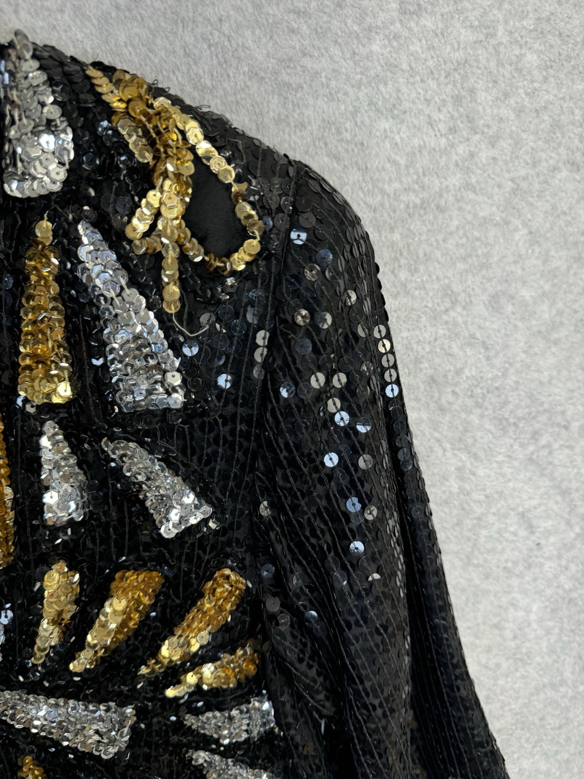 VTG 80s Jewel Queen Black Gold Sequin Beaded Silk Dress Art Deco Statement Piece