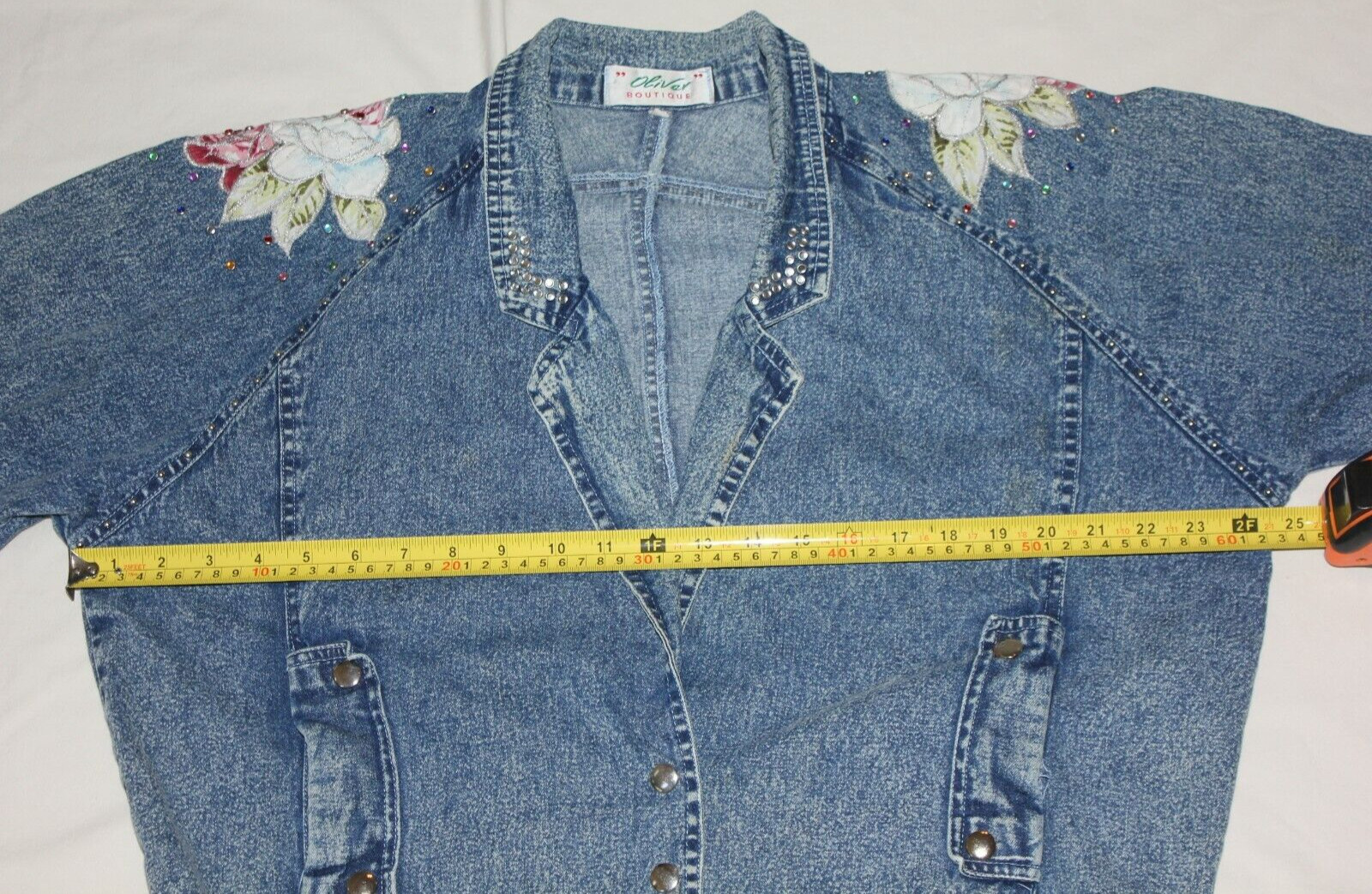 Vintage Denim 1980s Studded ladies M Jean Jacket floral bedazzle blue 90s floral