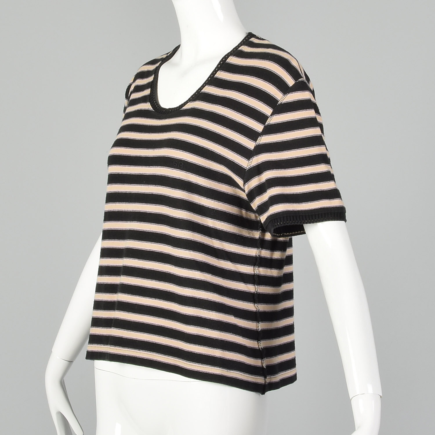 L Sonia Rykiel Black Pink Sweater Designer Striped Short Sleeve Knit Top VTG