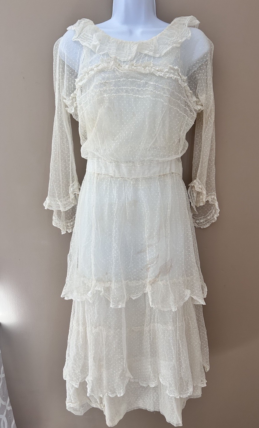 Antique Edwardian Dress 1920 Ivory Mesh Lace 32 XS S Vintage Wedding Gown