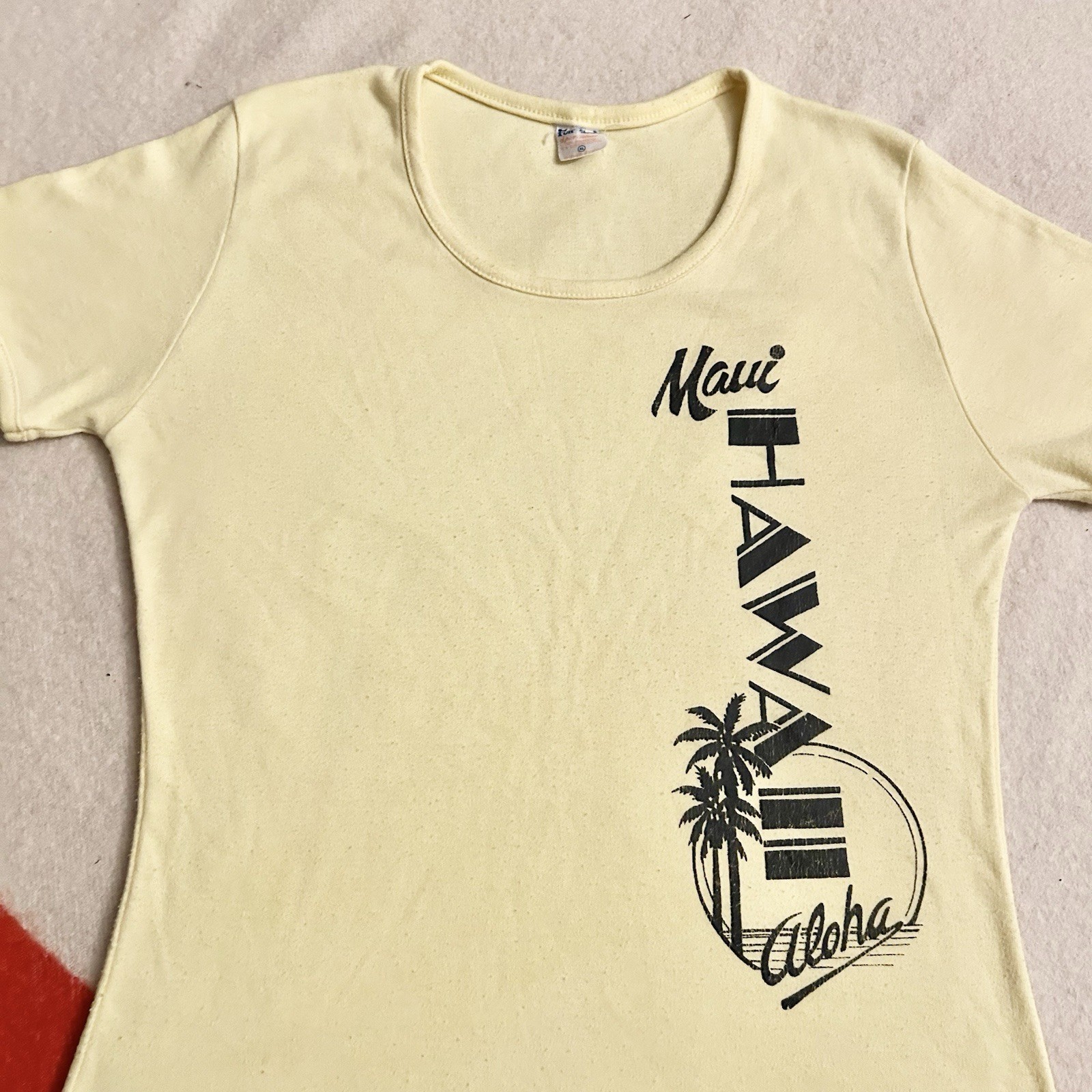 Vintage Hawaii Babydoll Shirt Womens XL 70s Pale Yellow Maui Tourist Fun Tees