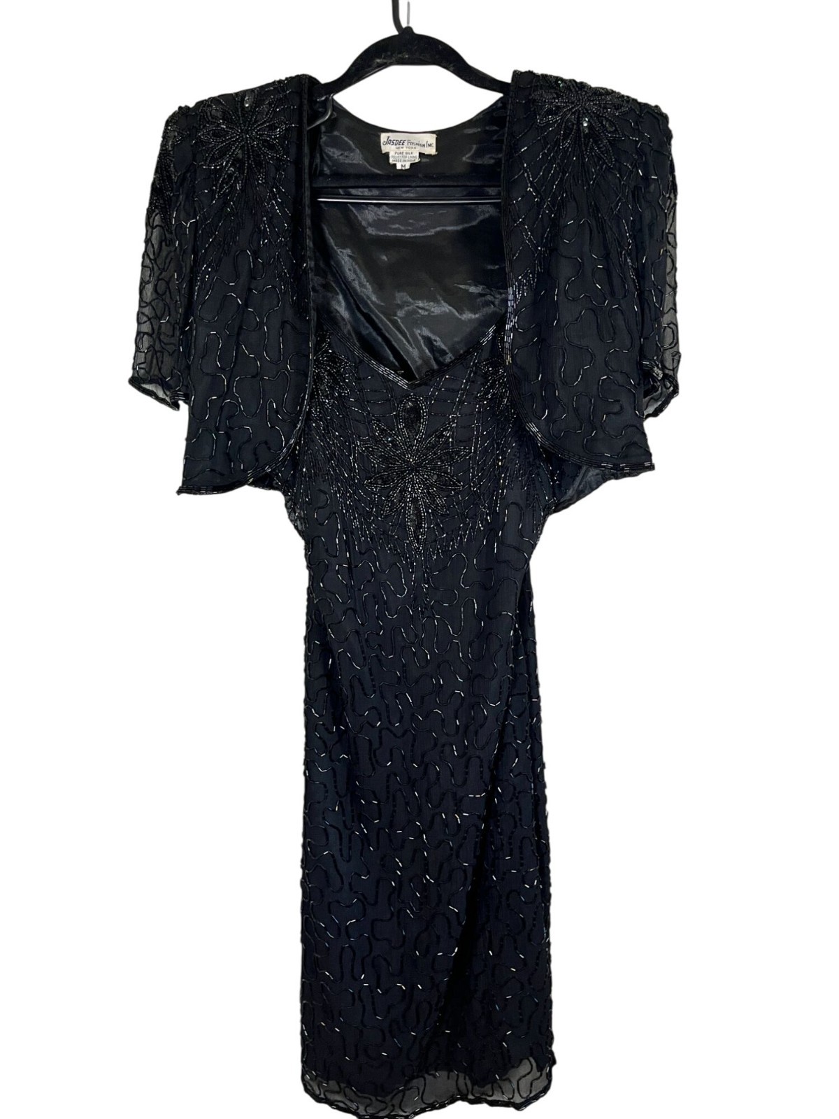 Vintage Jasdee Hand Beaded Silk Tank Dress Black M Crop Bolero Midi Classic 70s