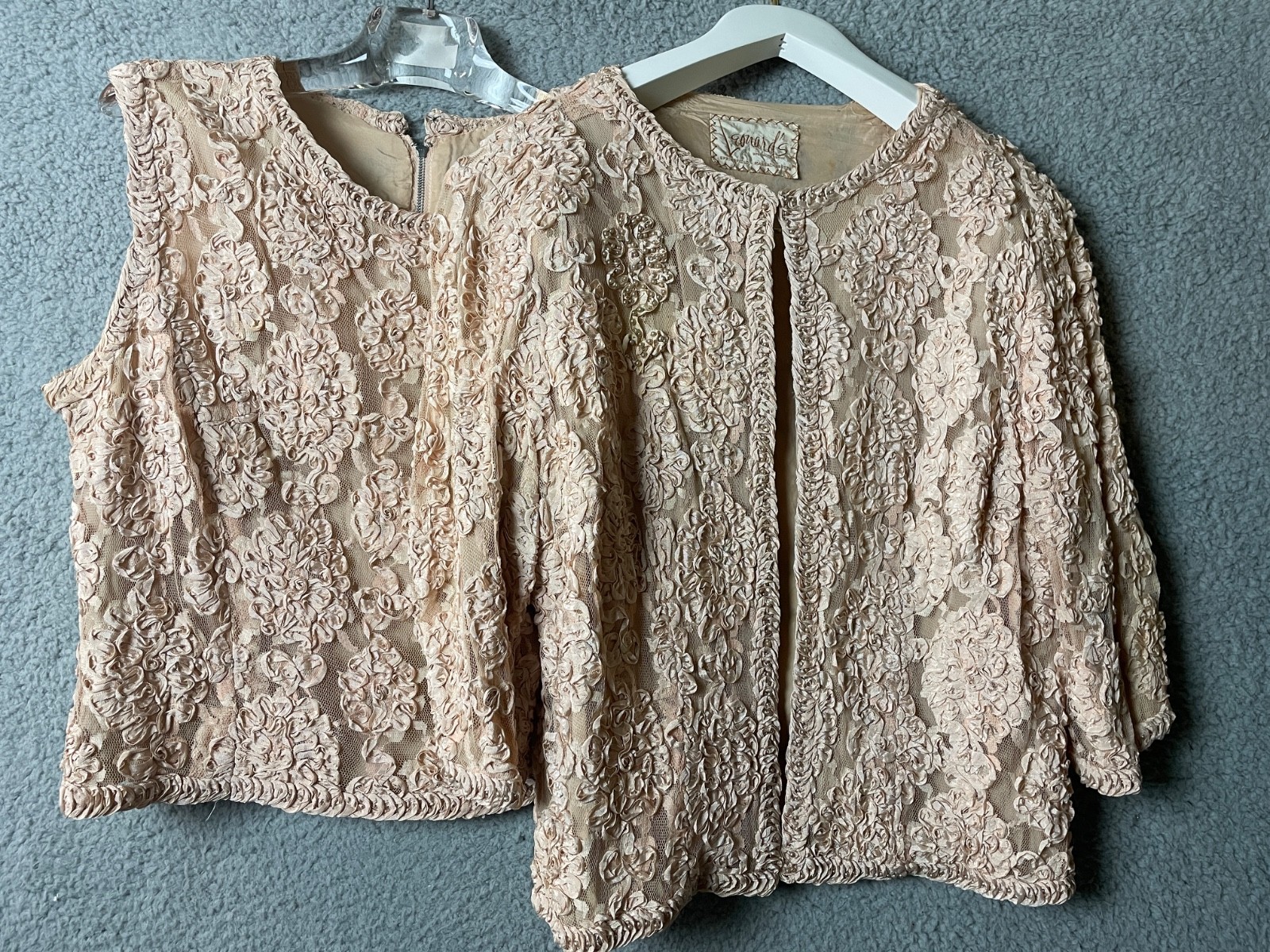 Vintage 50s Leonards Lace Jacket Top Set Small Pink Ribbon Pearl Embroidery VTG