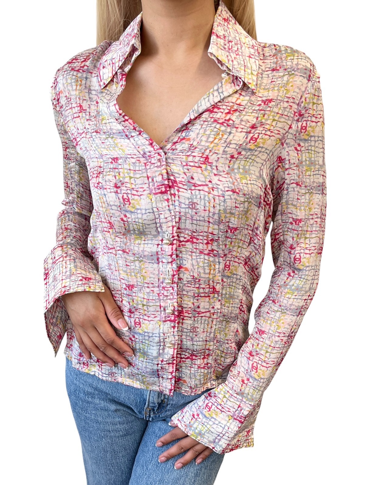 CHANEL Vintage 05C CC Tweed Print Shirt Blouse Top #34 Multicolor Silk 901994