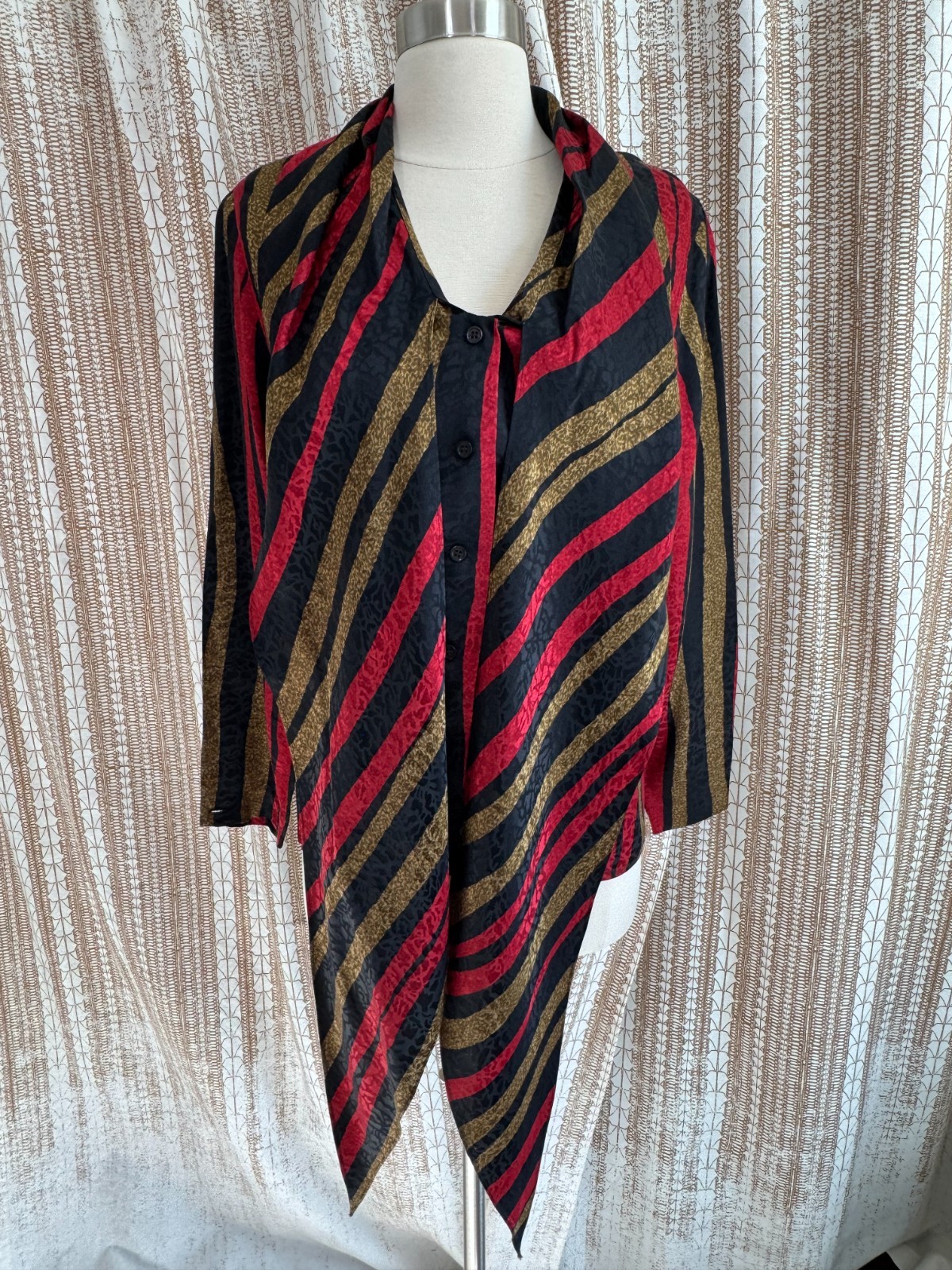 Vintage 1990s Ann May 100% Silk Blouse – Bold Stripe Pattern – XS