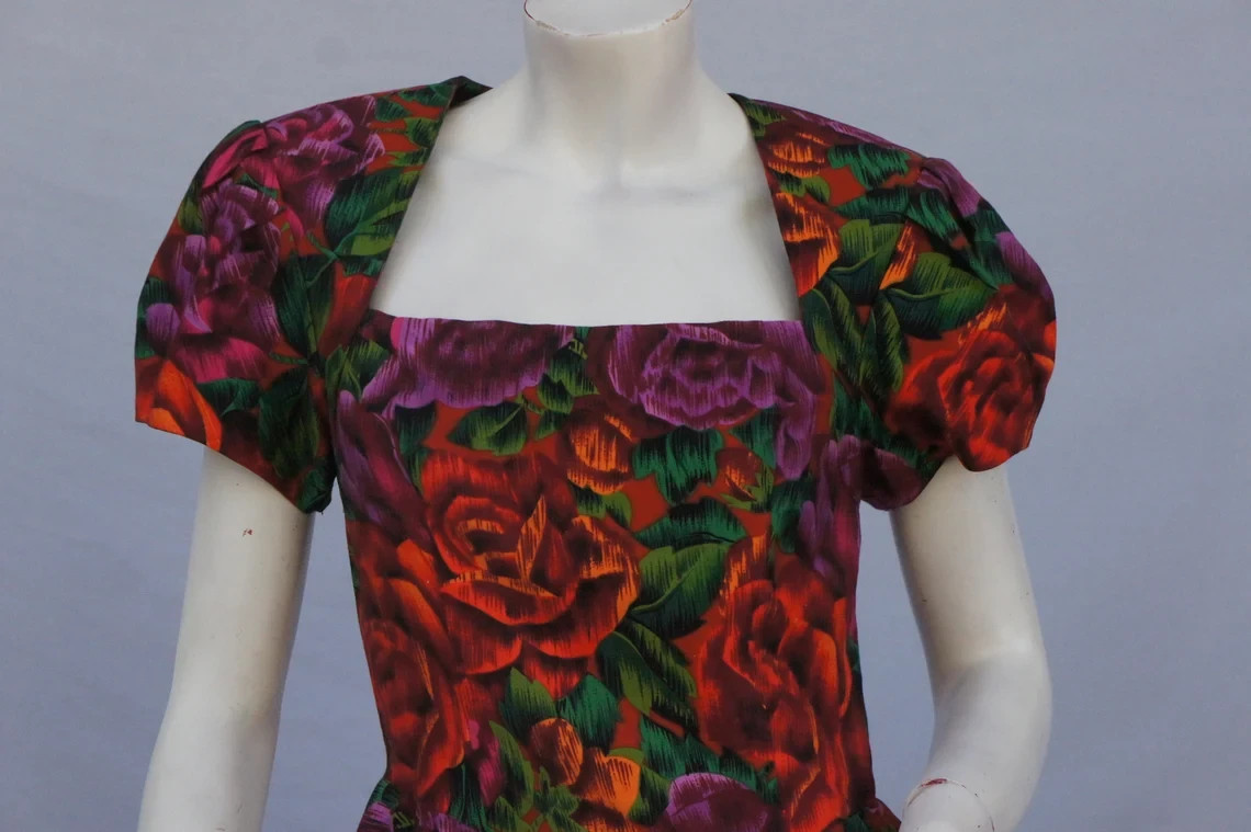 Vintage 80s Floral Print Peplum Dress with Open Back By Bugardi Cocktail Dress