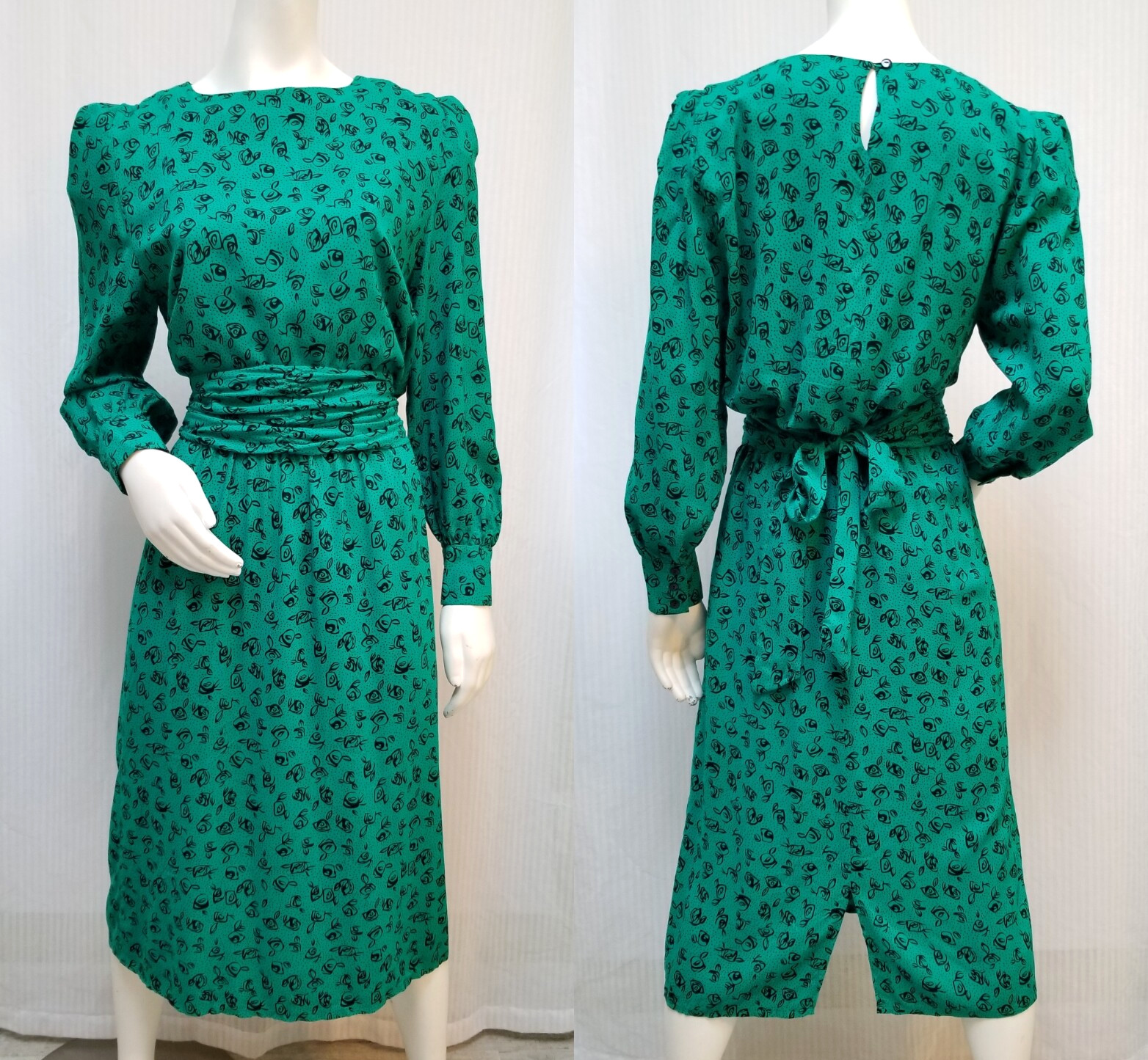Vintage 1980/90’s DARIAN Green Black Floral Print Rayon Dress with Belt – Size M
