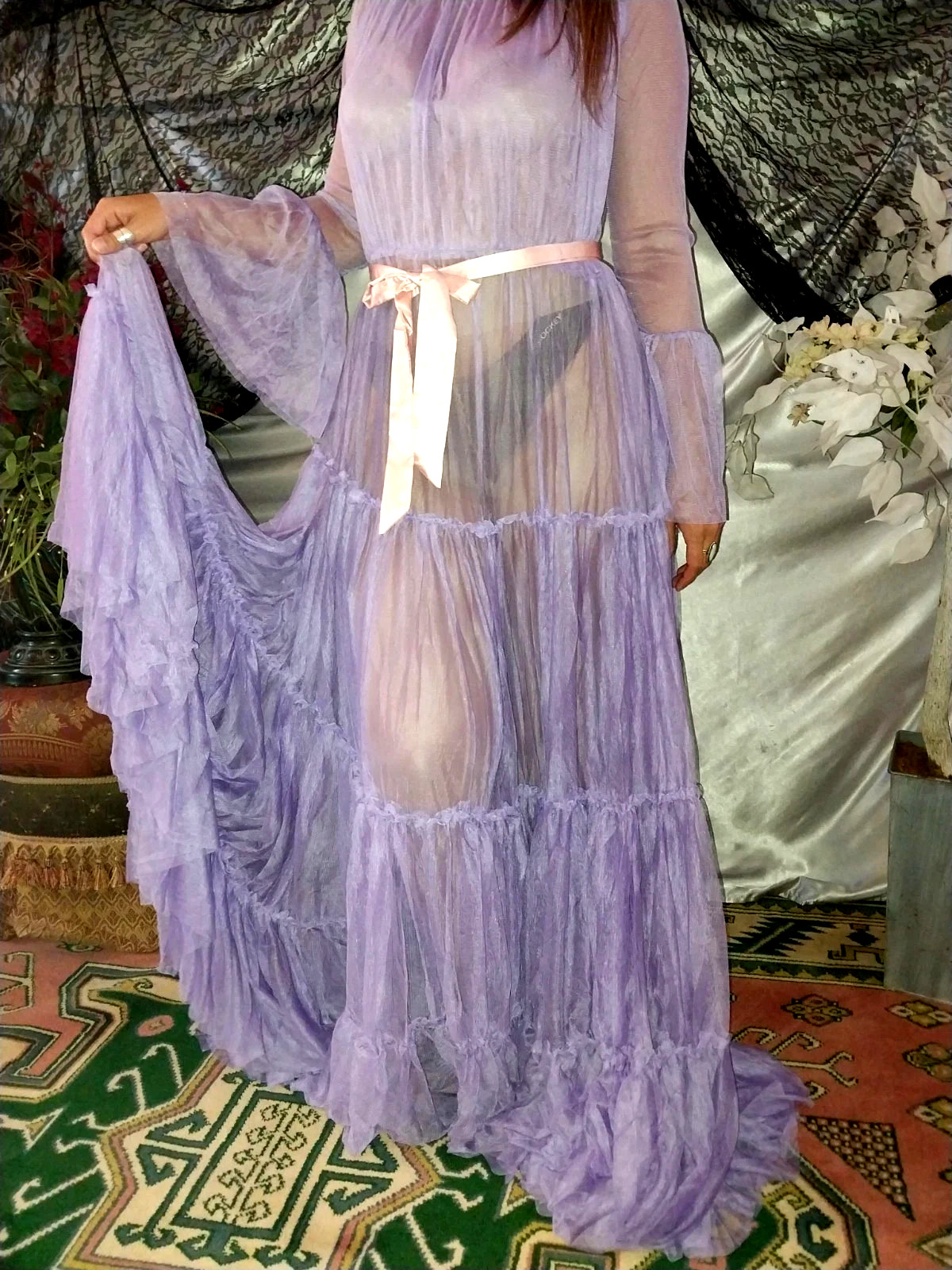 VTG SILKY PURPLE SHEER LAYERS BELL SWEEP NEGLIGEE NIGHTGOWN SISSY 48 OSFM