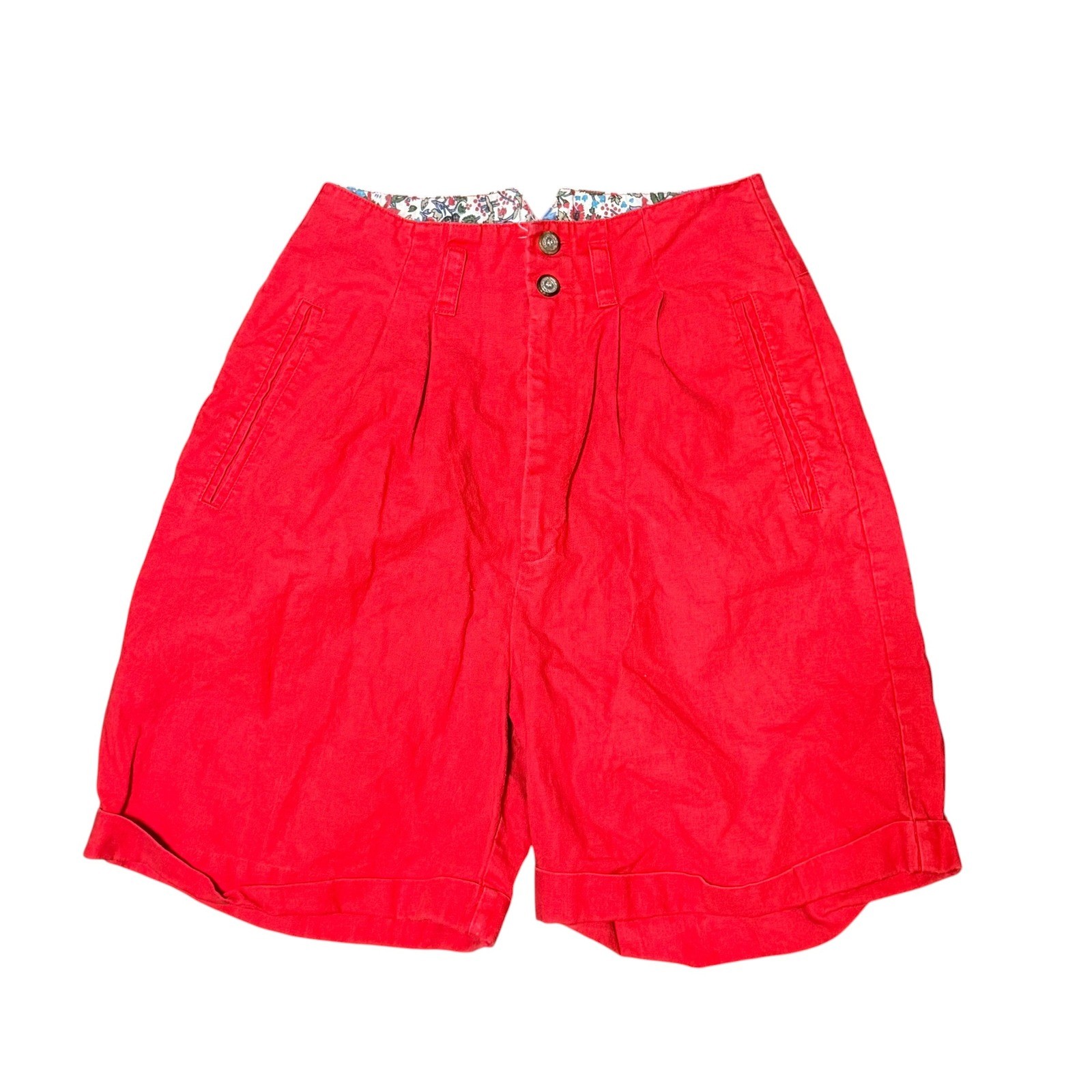 Vtg JJ Fargo Red High Waisted Pleated Shorts Ramie Cotton Floral Waistband 7/8
