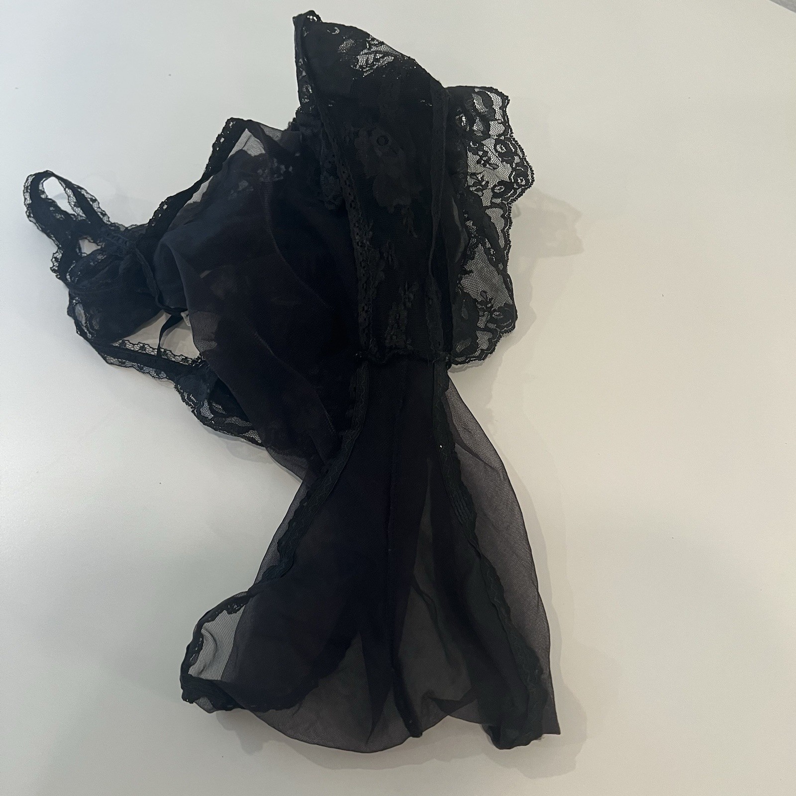 Vintage Sabrina Mervyn’s Sheer Lace Babydoll Teddy Lingerie Black Large USA FF