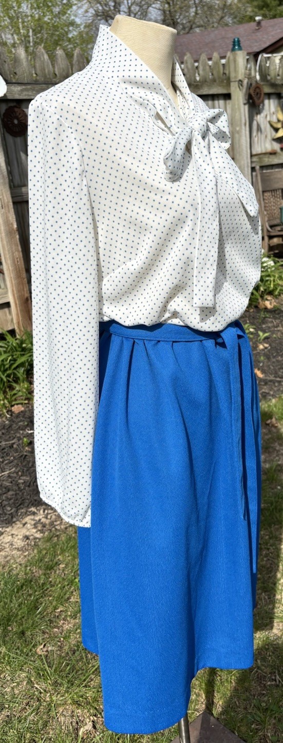 VTG 1970s Secretary Dress Pussy Bow Vest Midi Belt Blue White Stretchy XL B42″