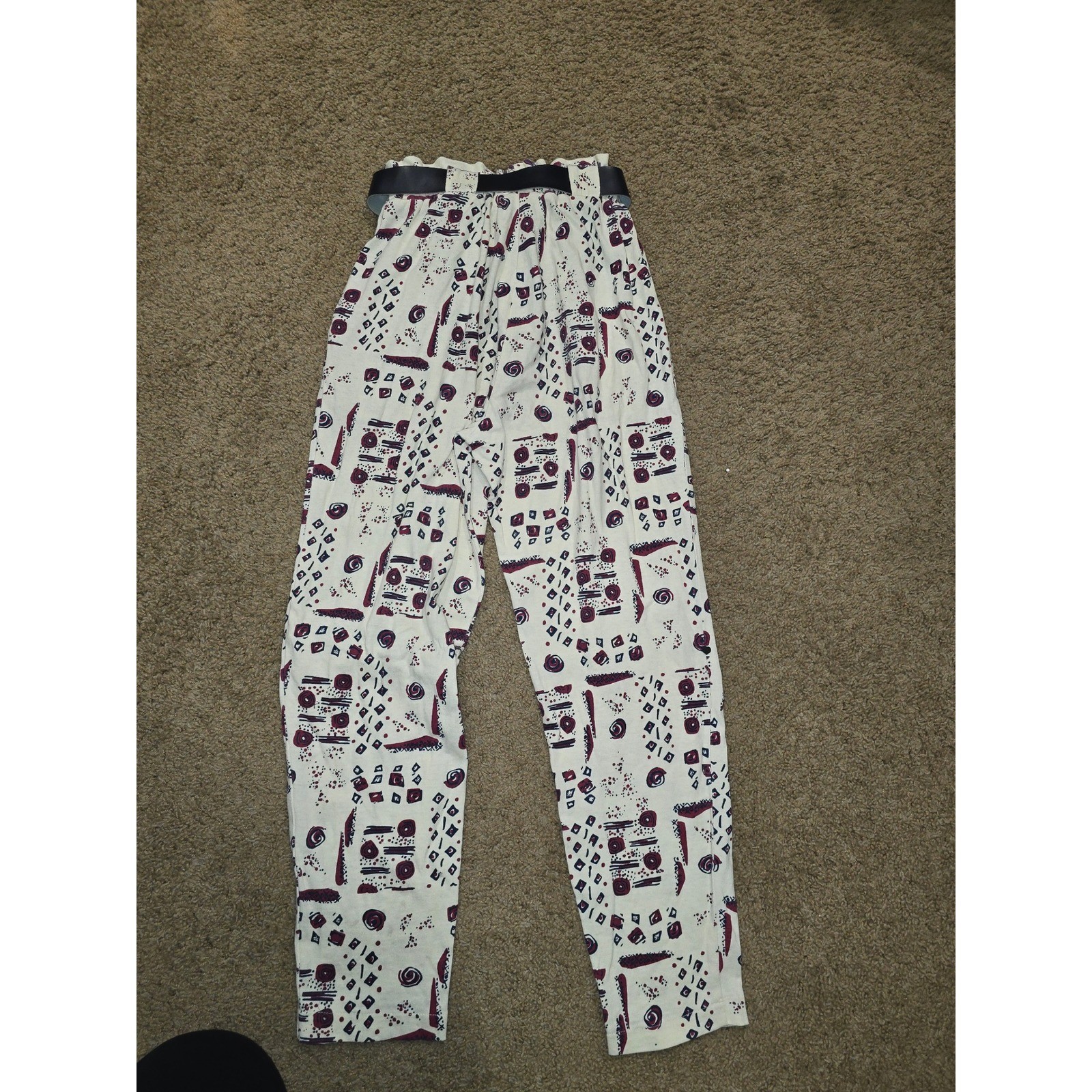 Vintage Units High Waisted Abstract Geometric Print Pants Belted Cream Red Med