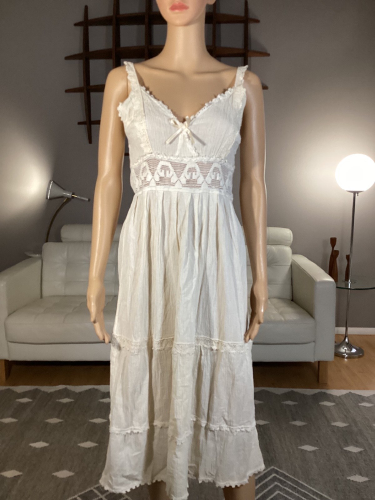 Vintage 70’s Peasant Cotton Gauze Crochet Lace Hippie Boho Sleeveless Dress