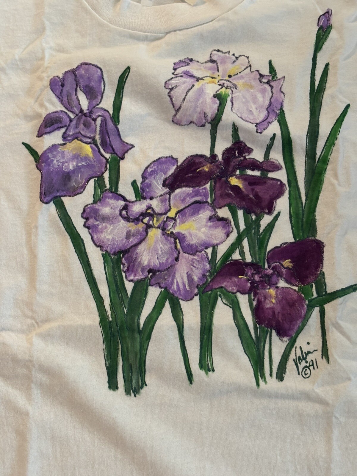 Vintage Valerie’s Creations Hand Painted Purple Iris Flowers T Shirt Sz XL