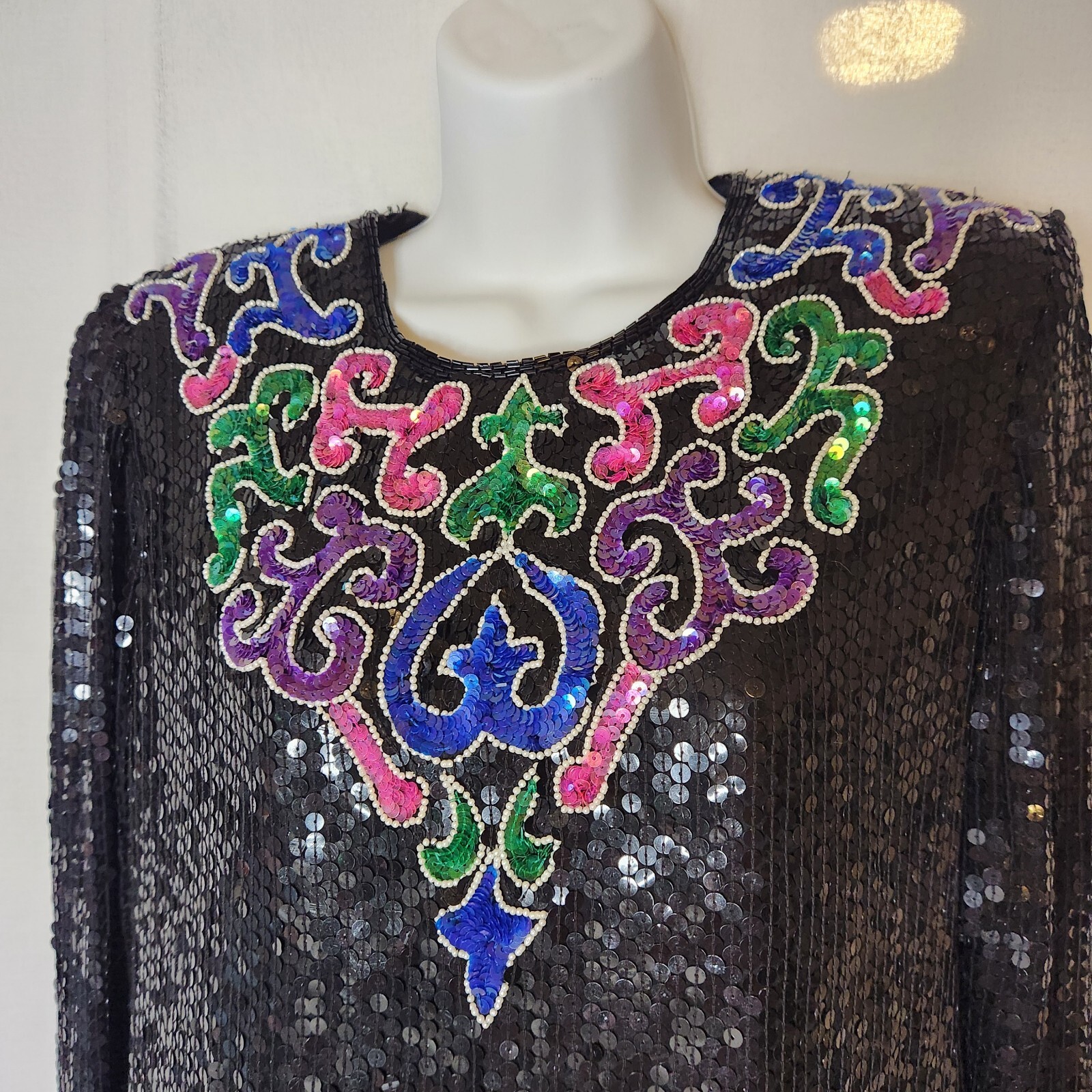 Vtg 80s Sweelo Beaded Blouse Sz S Evening 100% Silk top New Years party sequin
