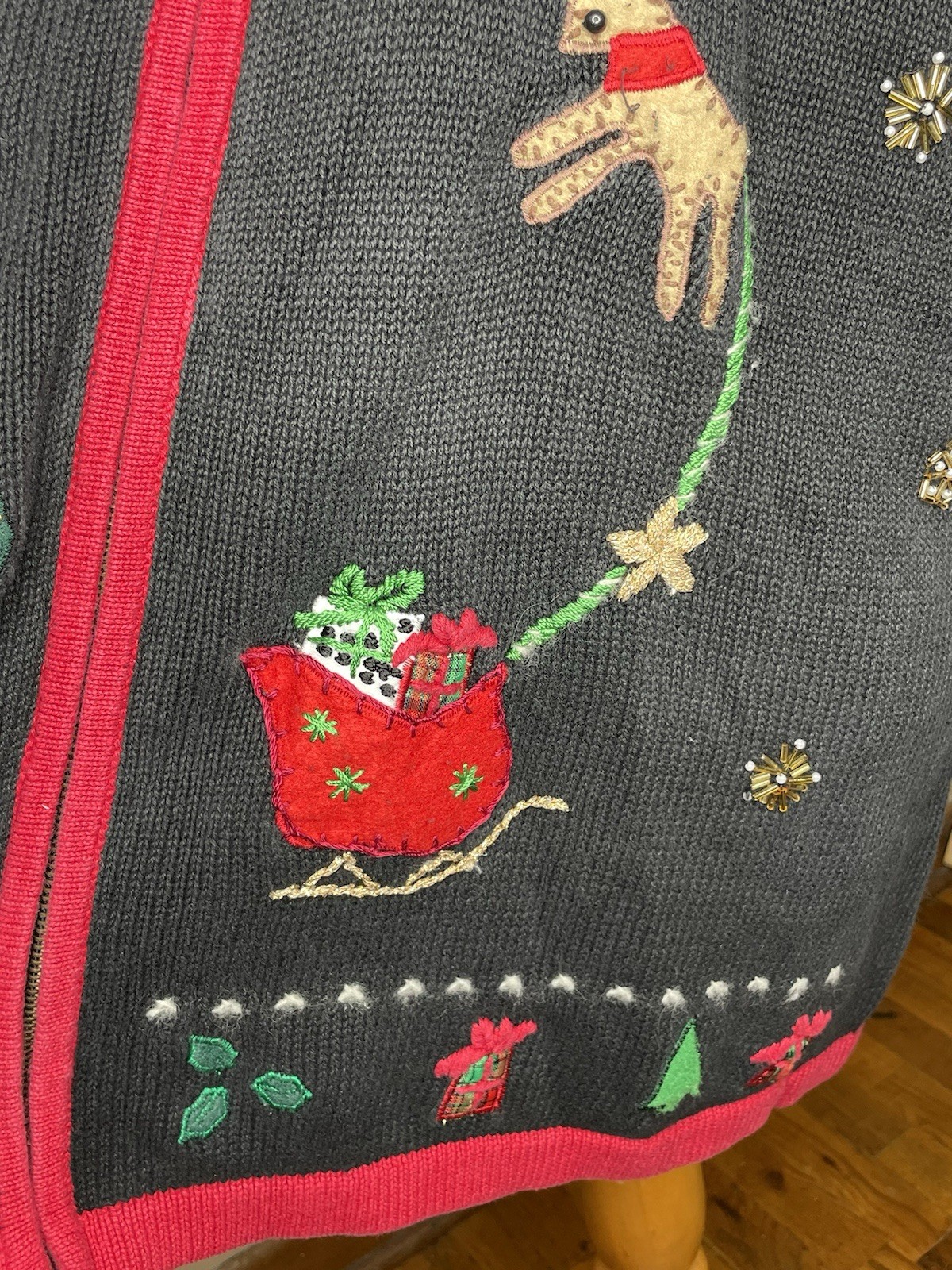 Vintage Christmas Sweater Jacket 1X Santa Embroidered Zip Cardigan Holiday Folk