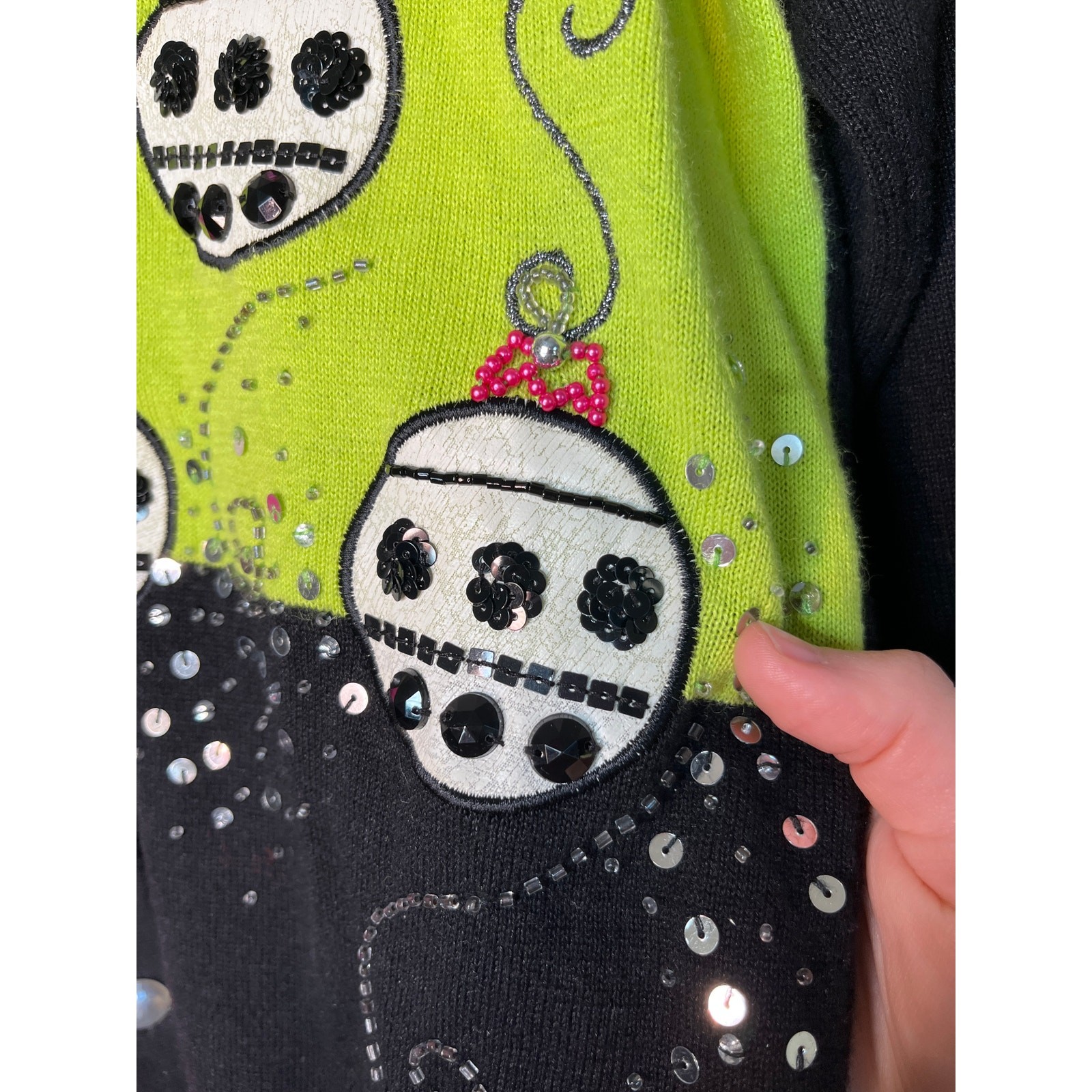 2000s Jack B Quick Pink Lime Green Sequins Bling Christmas Ornaments Cardigan M