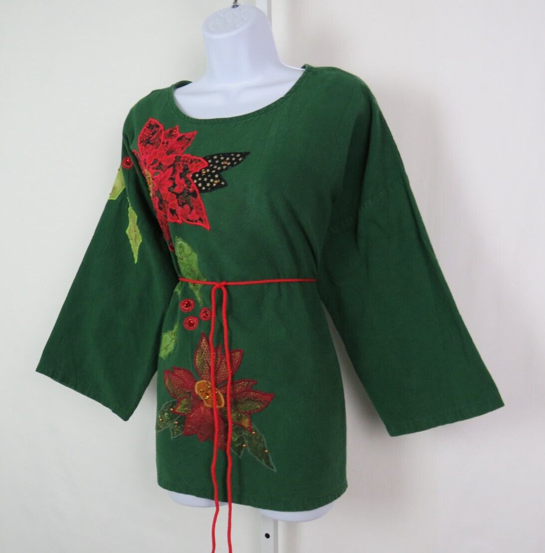 VTG 1970s 80s ALFREDO’S WIFE GREEN COTTON BOHO HIPPIE SMOCK TOP TUNIC POINSETTIA