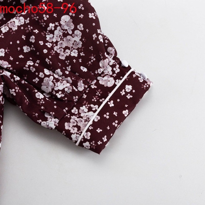 Summer Style Printing V-neck Floral Dress Short Sleeves High Waist Floral Dress