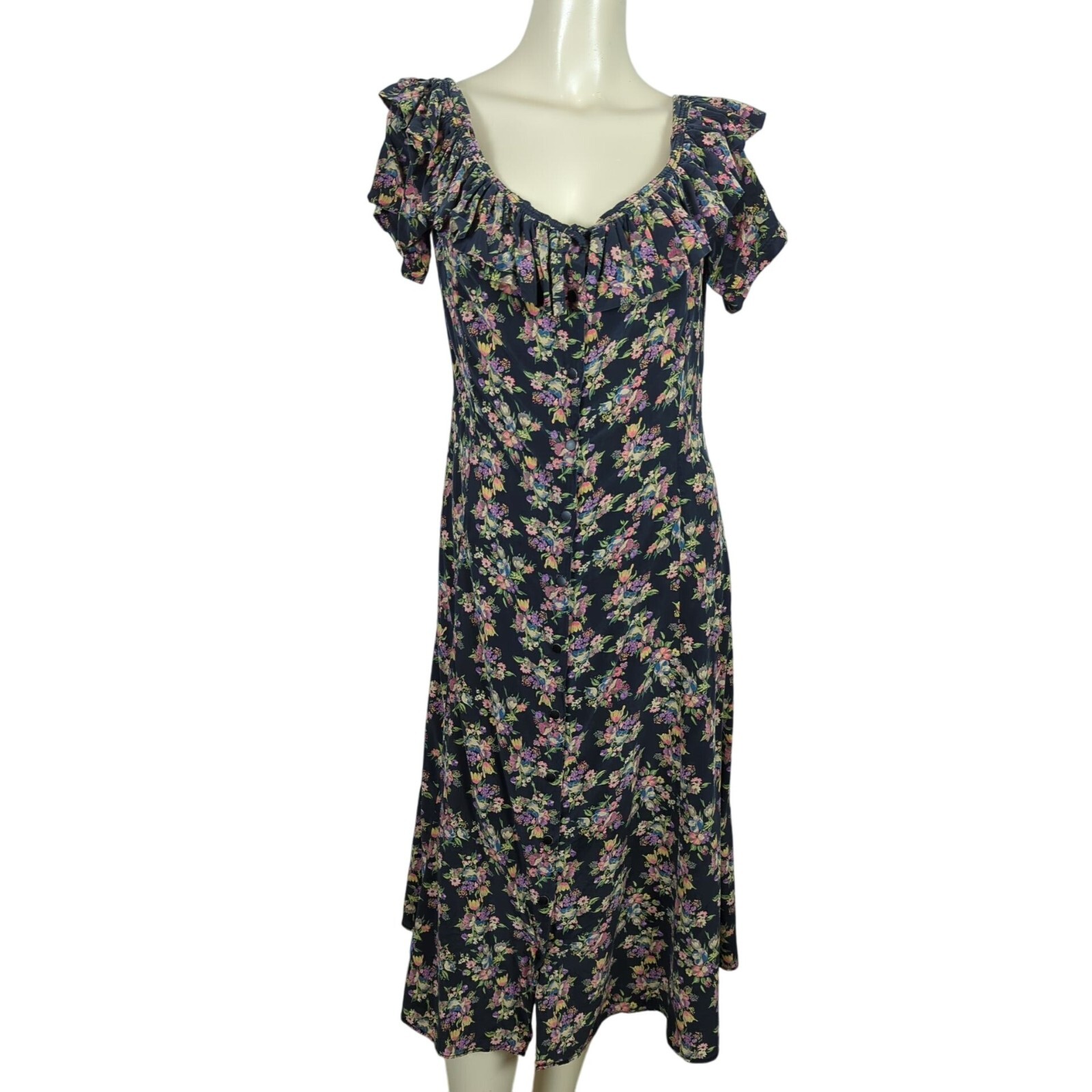 Vintage Bettina Riedel Floral Print Ruffle cap sleeve silk feminine dress S