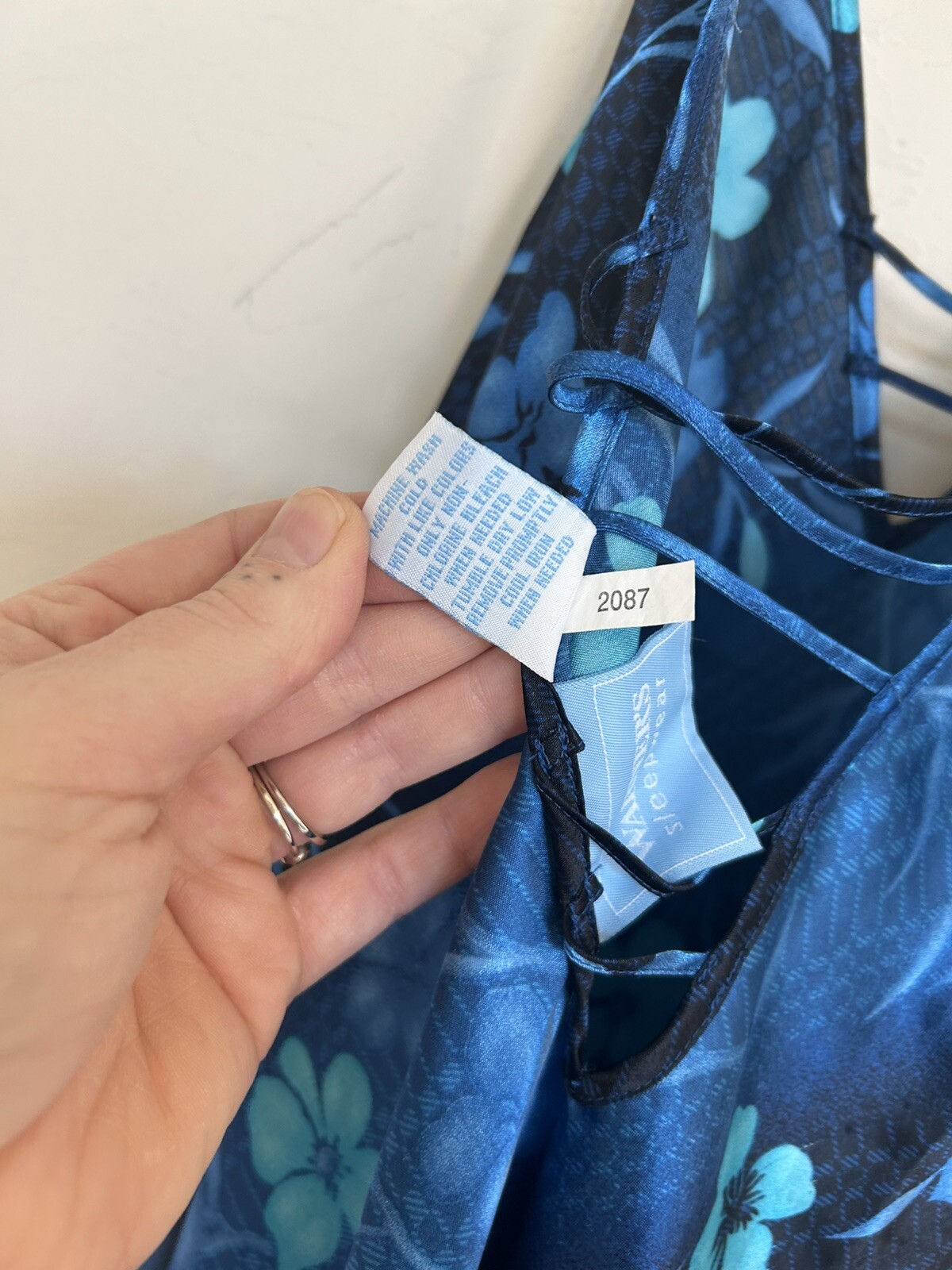 Vintage 90s Y2K Warners Sleepwear Blue Floral Maxi Satin Slip Dress Long S
