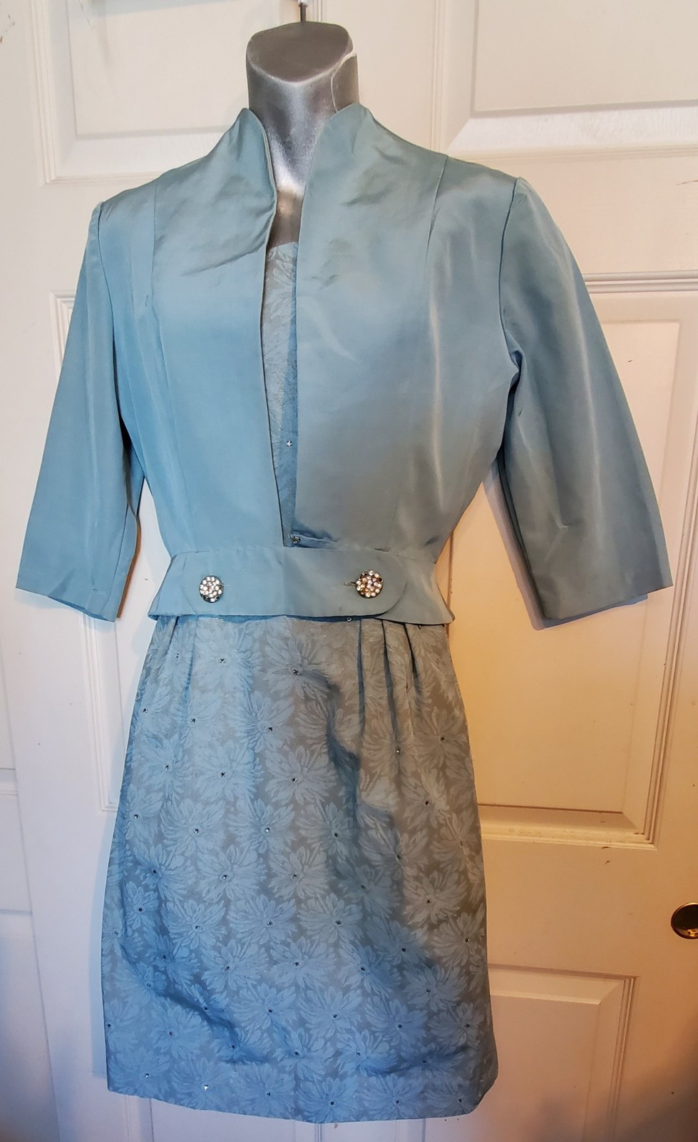 Vintage 50s Blue Silver Dress Matching Jacket Misses by Martha Manning B38 2 Pc.