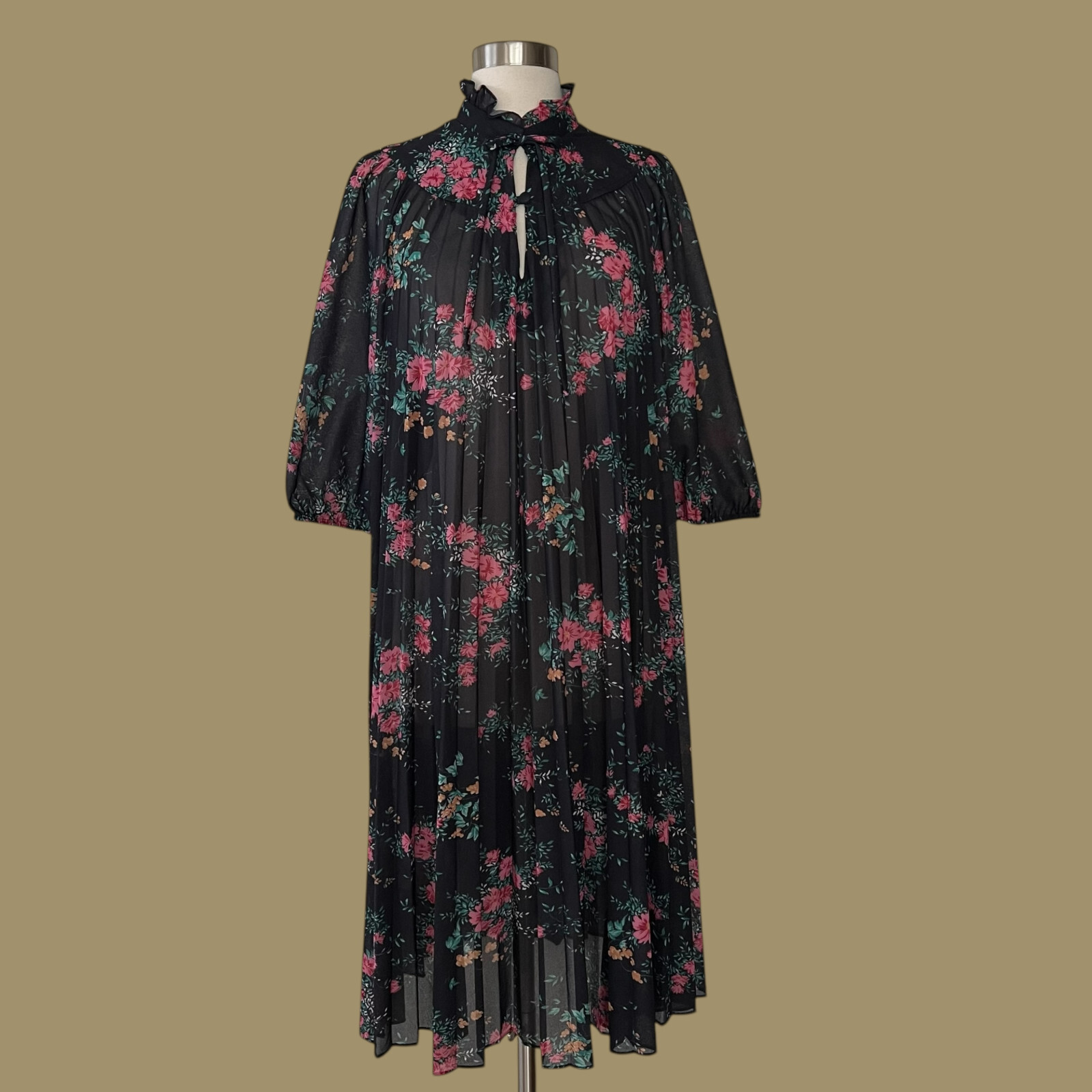 Vintage Black Floral Pleated Trapeze Dress, Flexible on Sizing