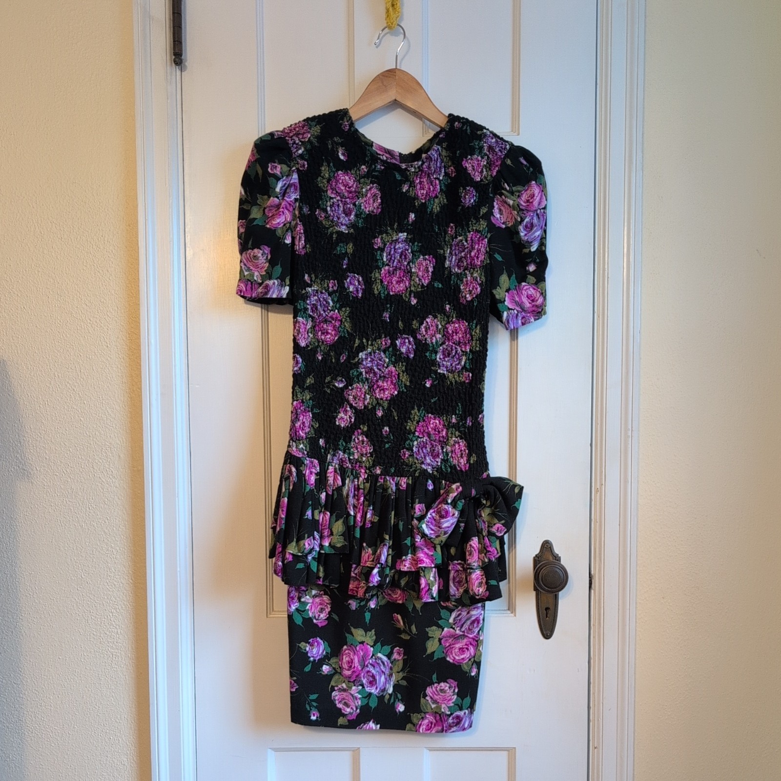 VTG Expo 90s Dress Women 2 Romance Floral Cottagecore Smocked Puff Sleeve Ruffle