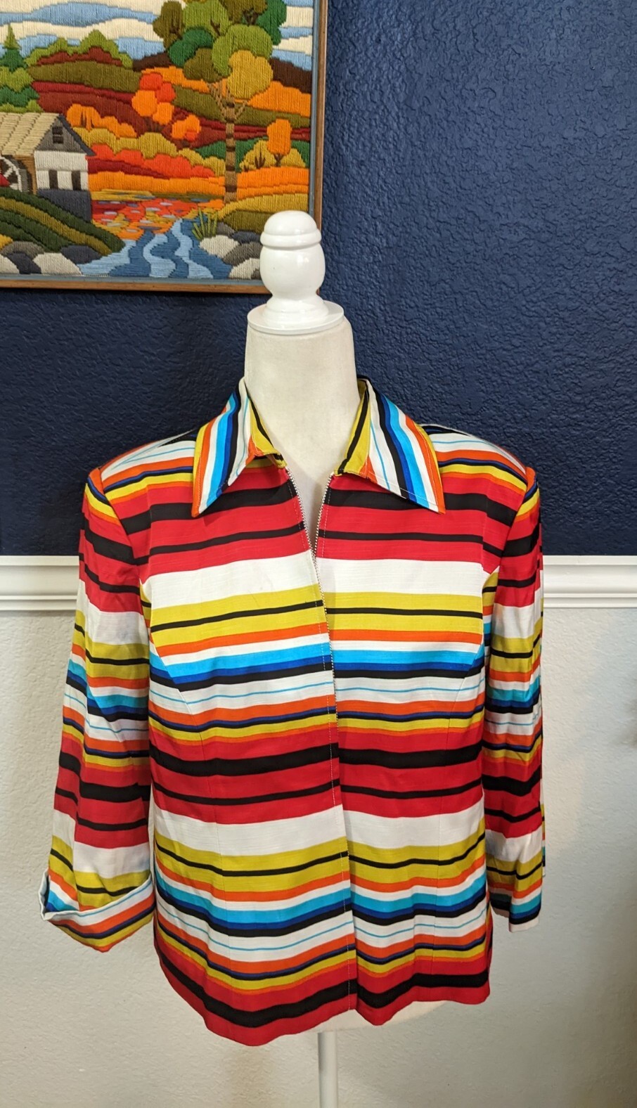 VTG Mishca Collared Rainbow Stripe Multi Color Zip Blazer Jacket Sz Large L