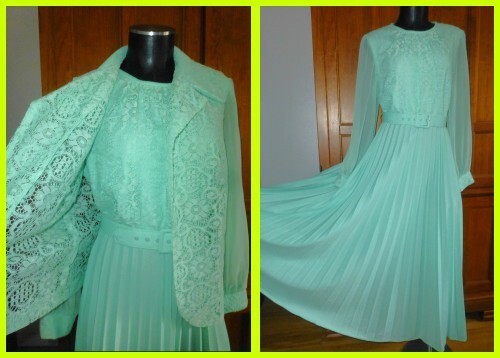 Vtg 70s Sheer Chiffon Lace Accordion Pleat Maxi Wedding 2pc Blouse Dress GOWN