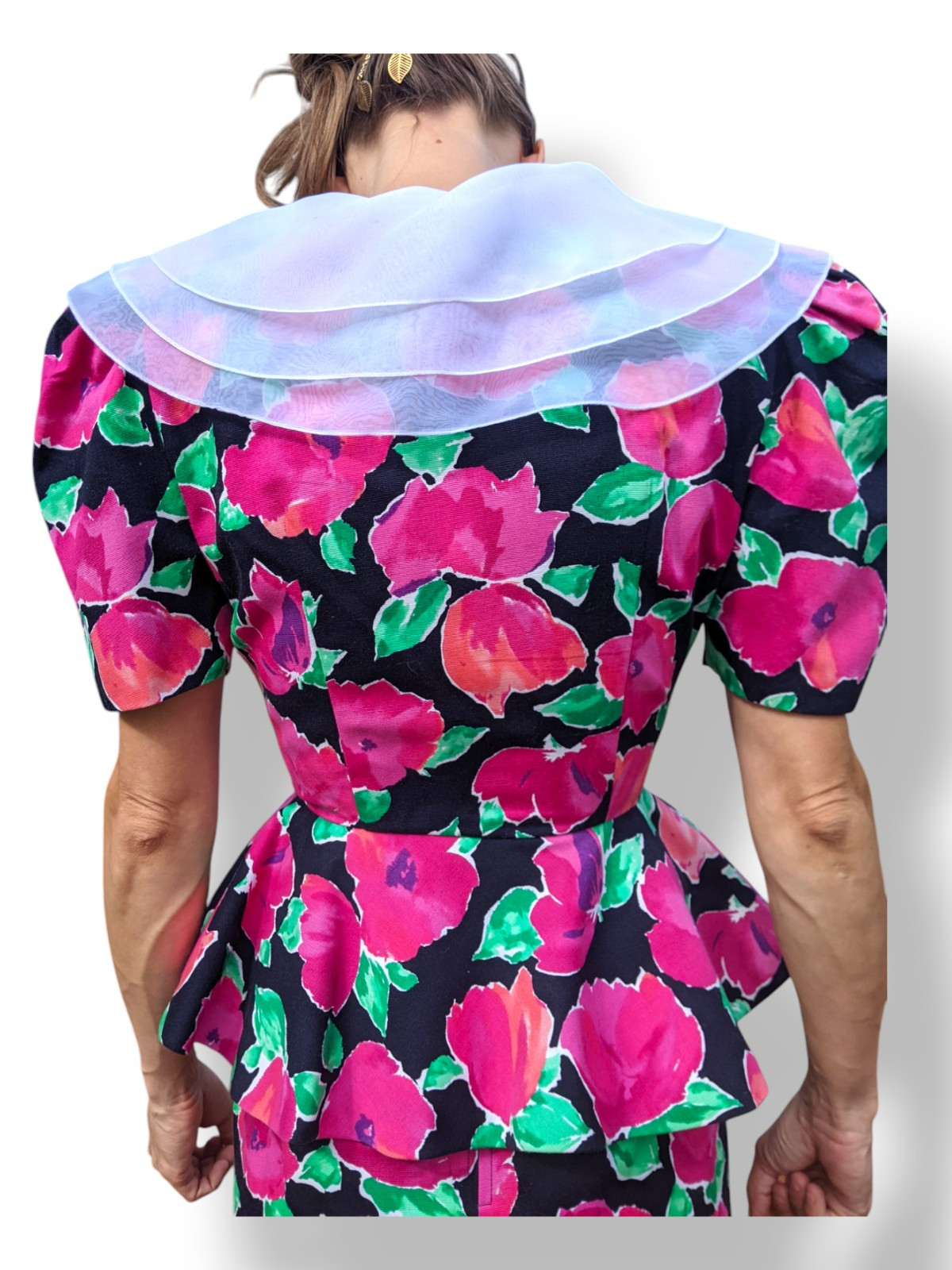 Vtg Leslie Fay 80s Peplum Jacket Top Chiffon Collar Rose Floral Easter Suit Sz 4