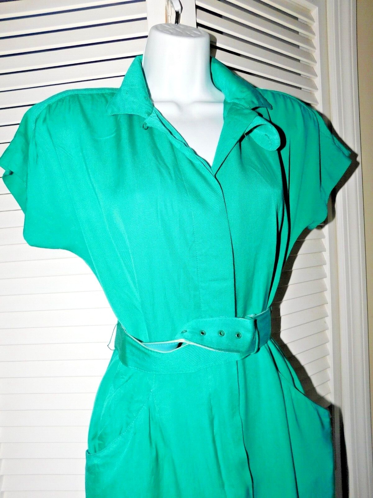 Vintage Katie MFG Size 7 8 Green Buttonfront Union Made USA 1980s Womens Dress