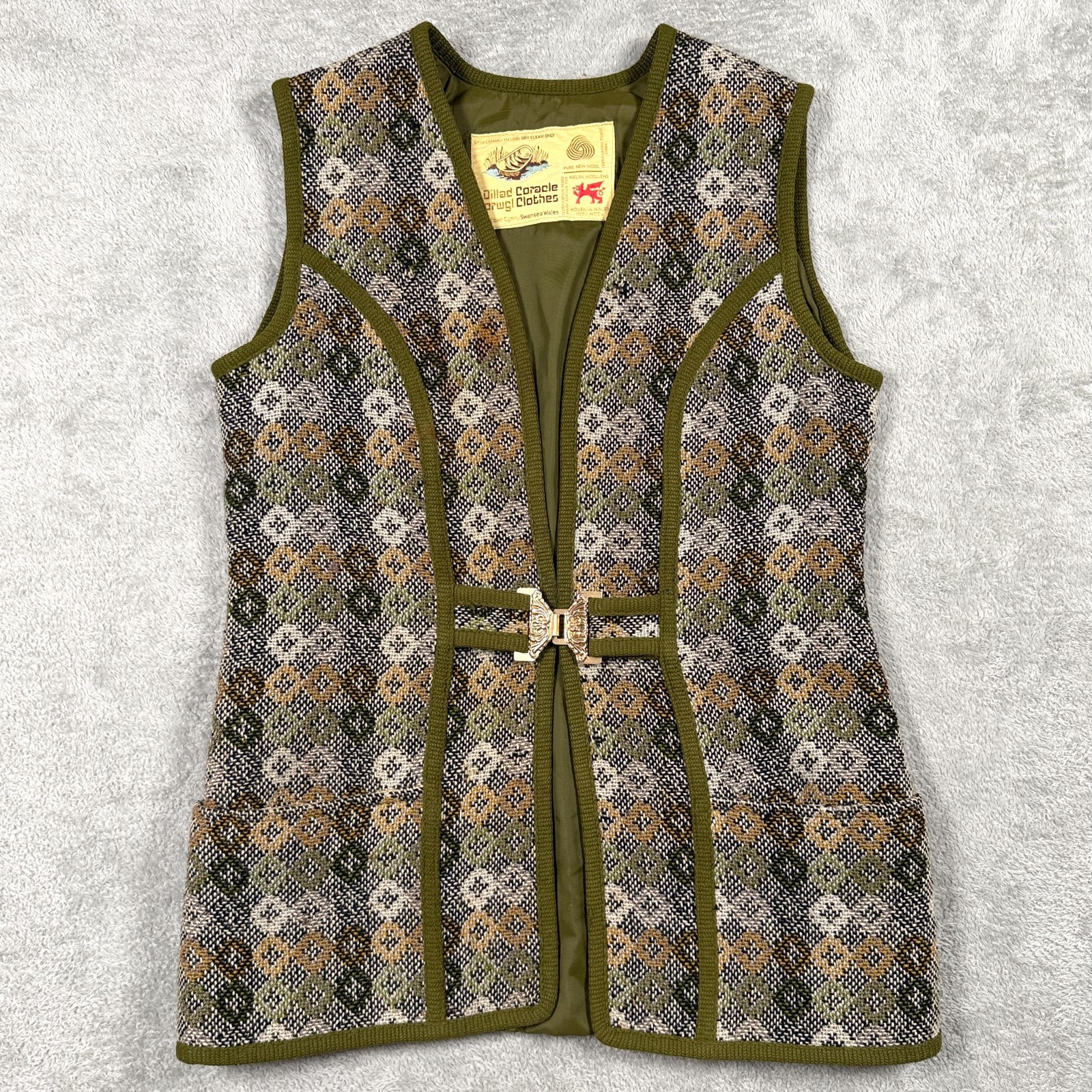 Vintage Welsh Wollens Coracle Vest Womens Small Green Geometric Wool Retro Gilet