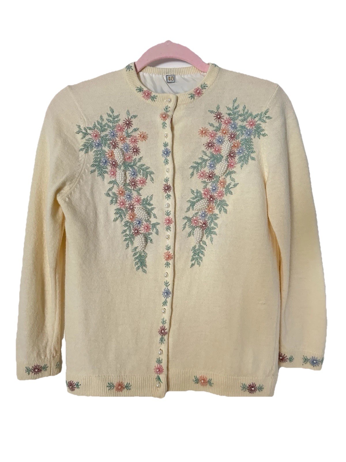 Vintage 1950s 1960s Heavily Beaded Grape Cardigan Pearl Buttons Size 40