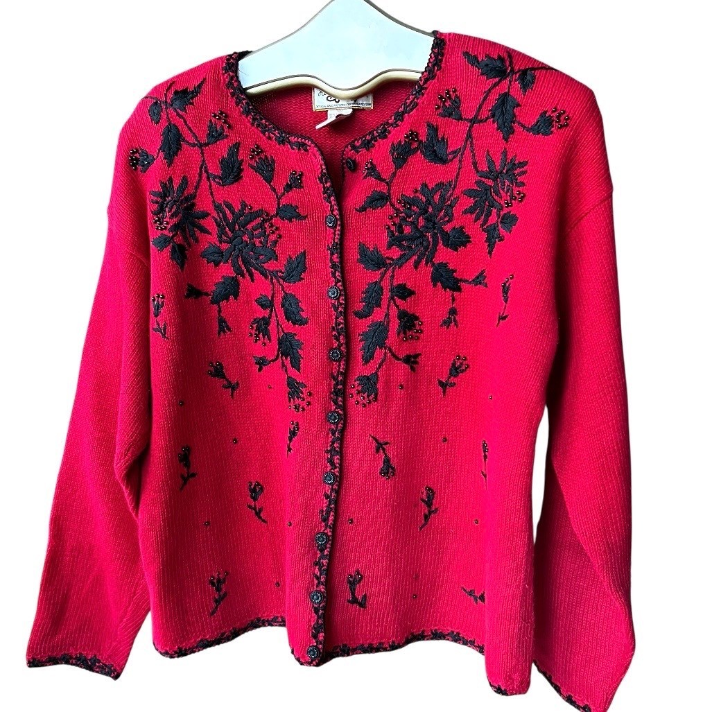 VTG 90s Heirloom Collectibles Cardigan Red Beaded Embroidered Grammacore Large